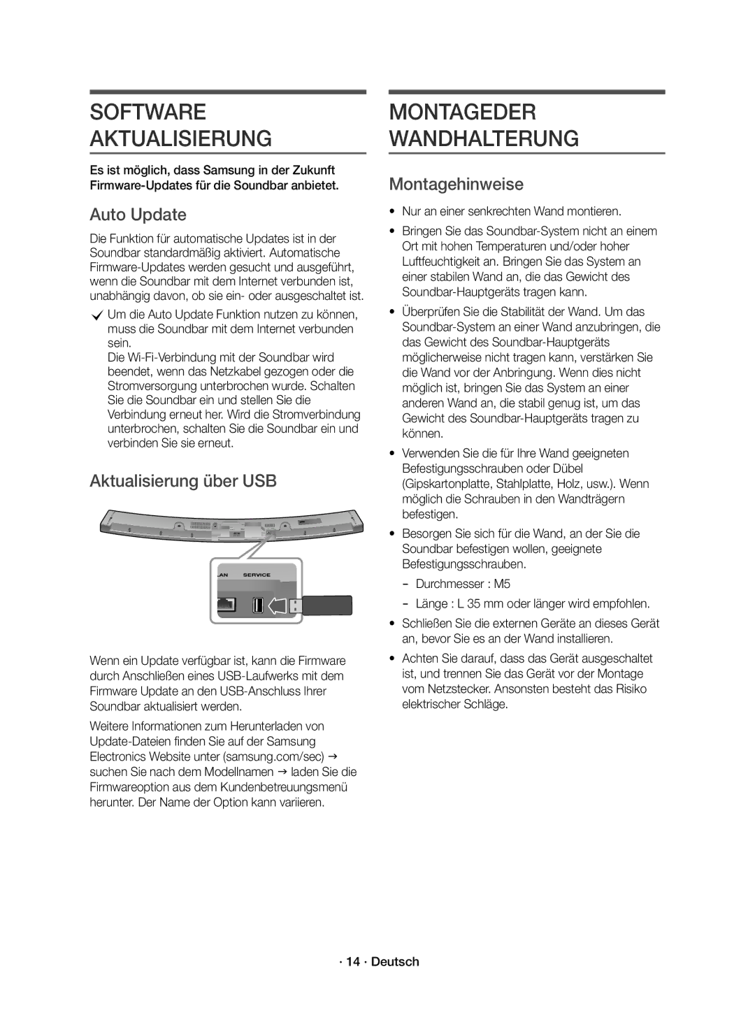 Samsung HW-J6500R/EN manual Software Aktualisierung, Montageder Wandhalterung, Aktualisierung über USB, Montagehinweise 