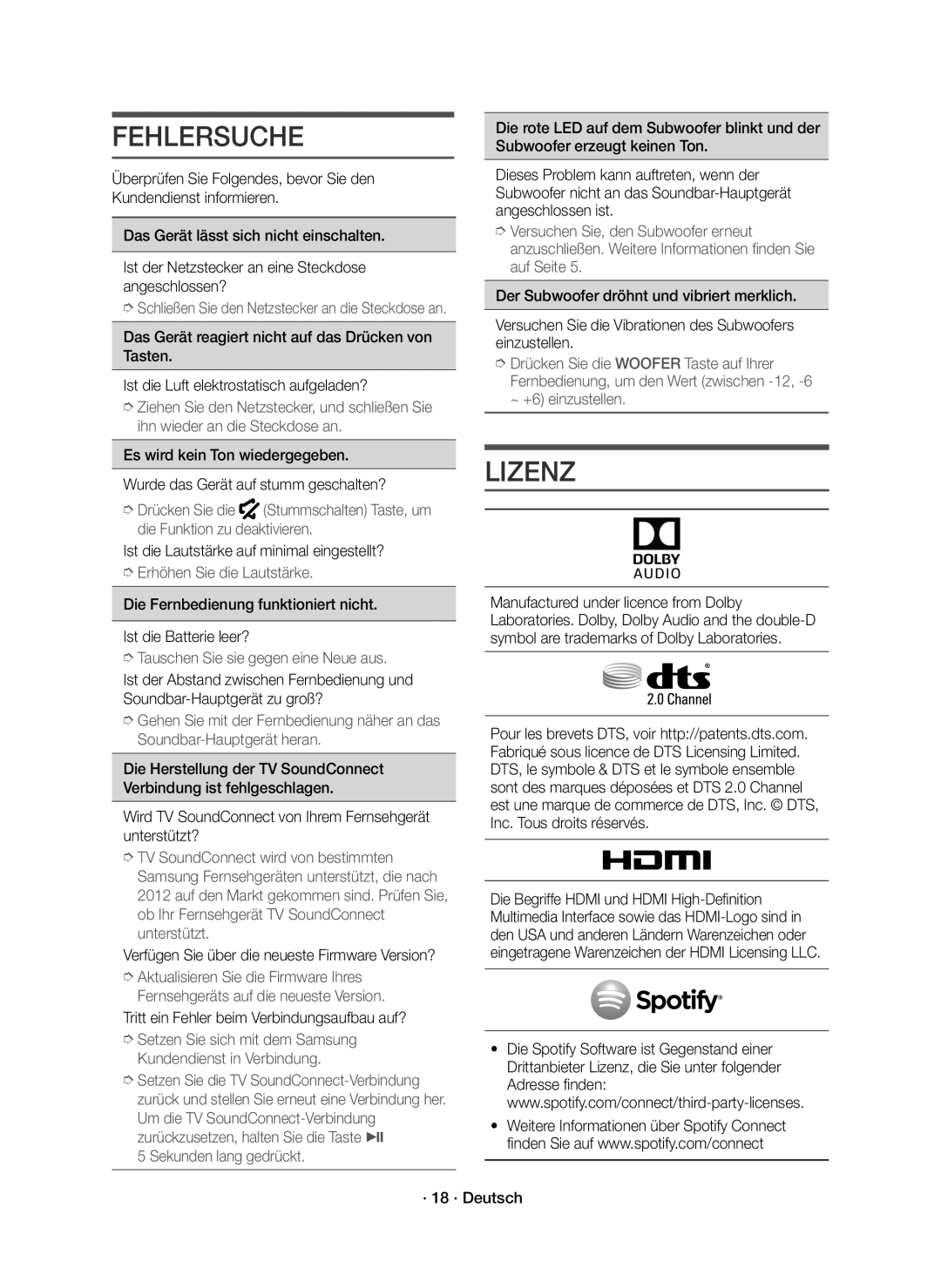 Samsung HW-J6500R/EN, HW-J6501R/EN, HW-J6501R/XN, HW-J6500R/XN manual Fehlersuche, Lizenz 