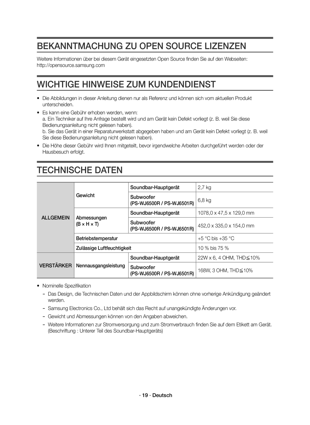 Samsung HW-J6501R/XN manual Bekanntmachung ZU Open Source Lizenzen, Wichtige Hinweise ZUM Kundendienst, Technische Daten 