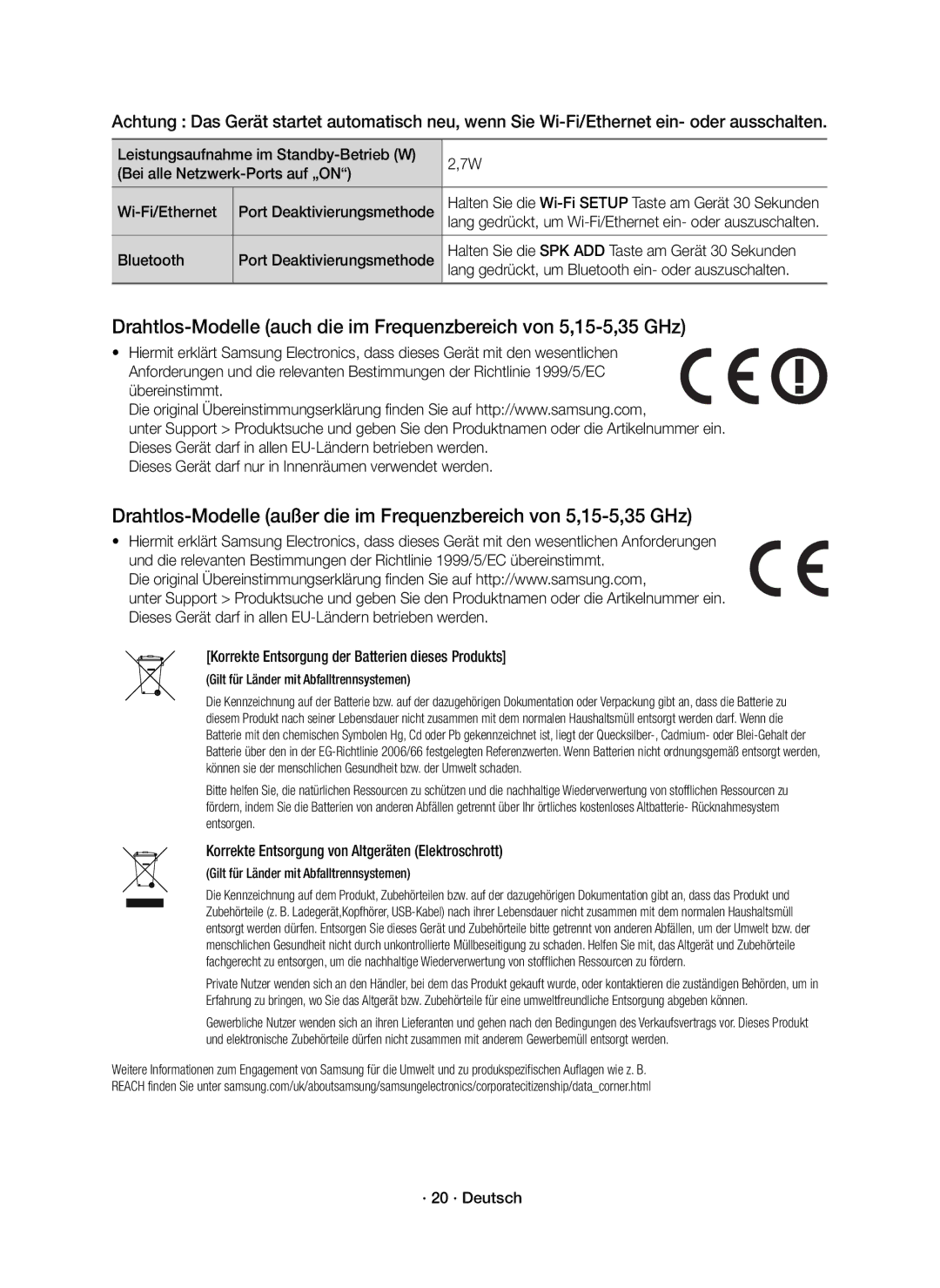 Samsung HW-J6500R/XN, HW-J6501R/EN, HW-J6500R/EN manual Korrekte Entsorgung von Altgeräten Elektroschrott, · 20 · Deutsch 