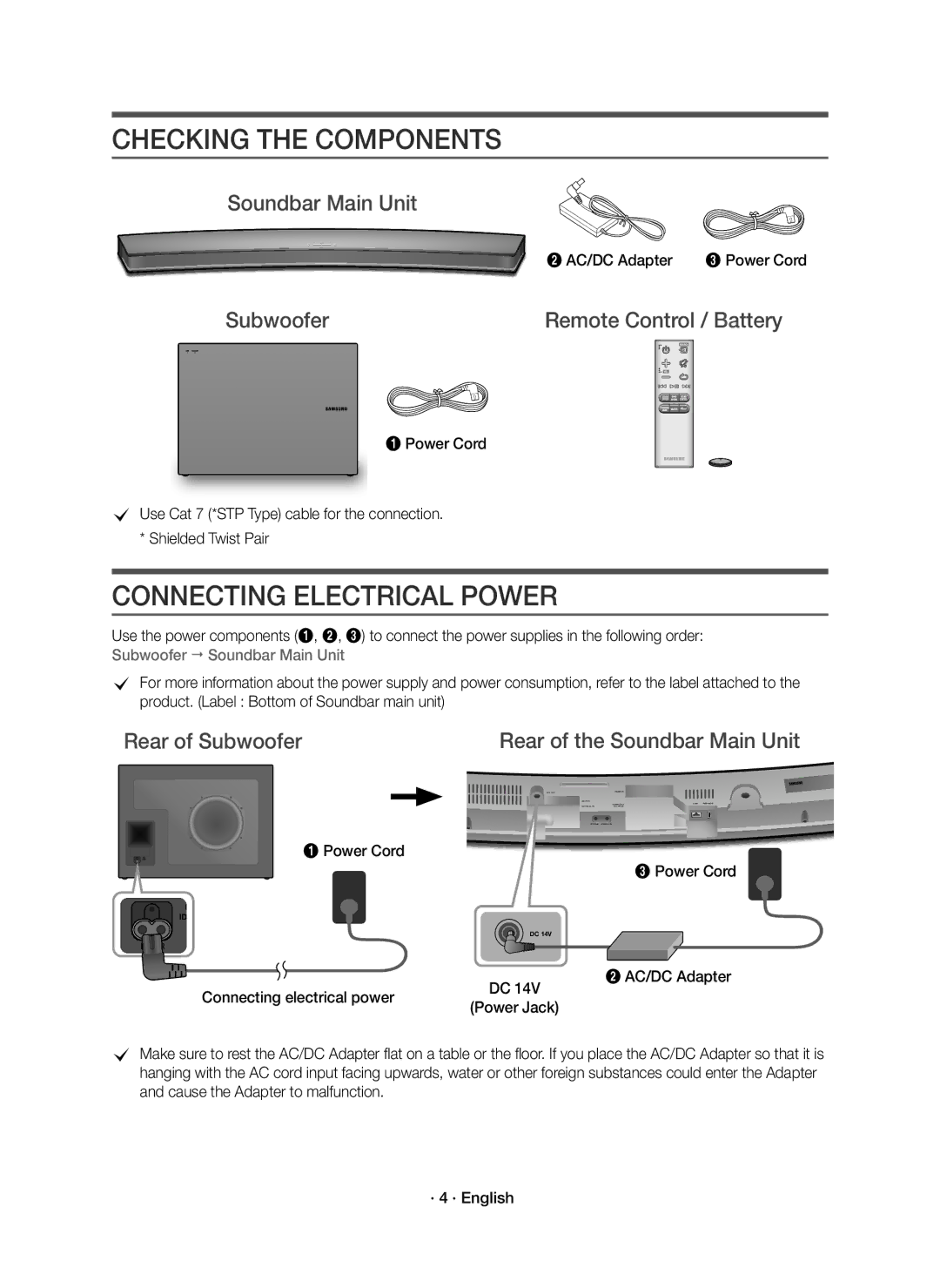 Samsung HW-J6501R/EN, HW-J6500R/EN Checking the Components, Connecting Electrical Power, Soundbar Main Unit, Power Cord 