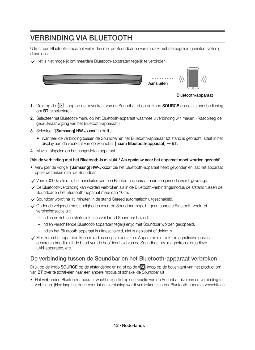 Samsung HW-J6501R/XN, HW-J6501R/EN, HW-J6500R/EN, HW-J6500R/XN manual Verbinding VIA Bluetooth, · 12 · Nederlands 