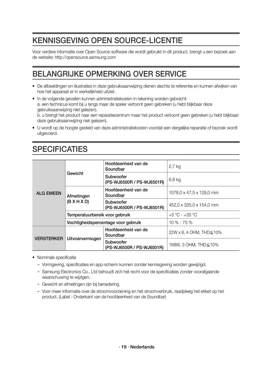 Samsung HW-J6500R/EN manual Kennisgeving Open SOURCE-LICENTIE, Belangrijke Opmerking Over Service, Specificaties, ALG Emeen 