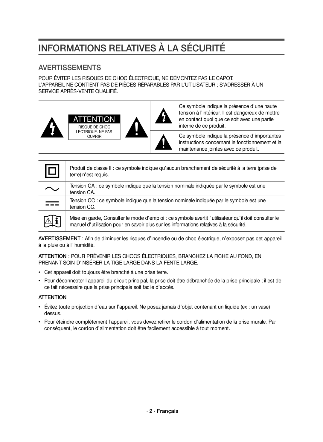 Samsung HW-J6500R/XN, HW-J6501R/EN, HW-J6500R/EN, HW-J6501R/XN manual Informations Relatives À LA Sécurité, Avertissements 