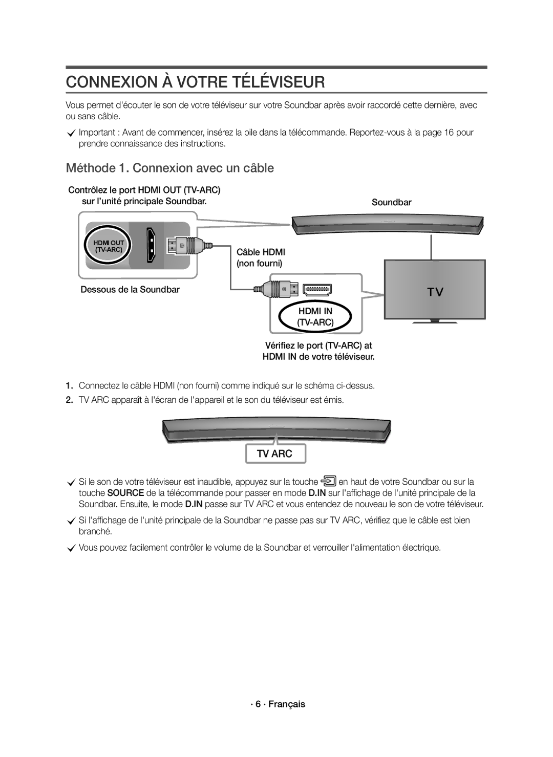 Samsung HW-J6500R/XN, HW-J6501R/EN, HW-J6500R/EN manual Connexion À Votre Téléviseur, Méthode 1. Connexion avec un câble 