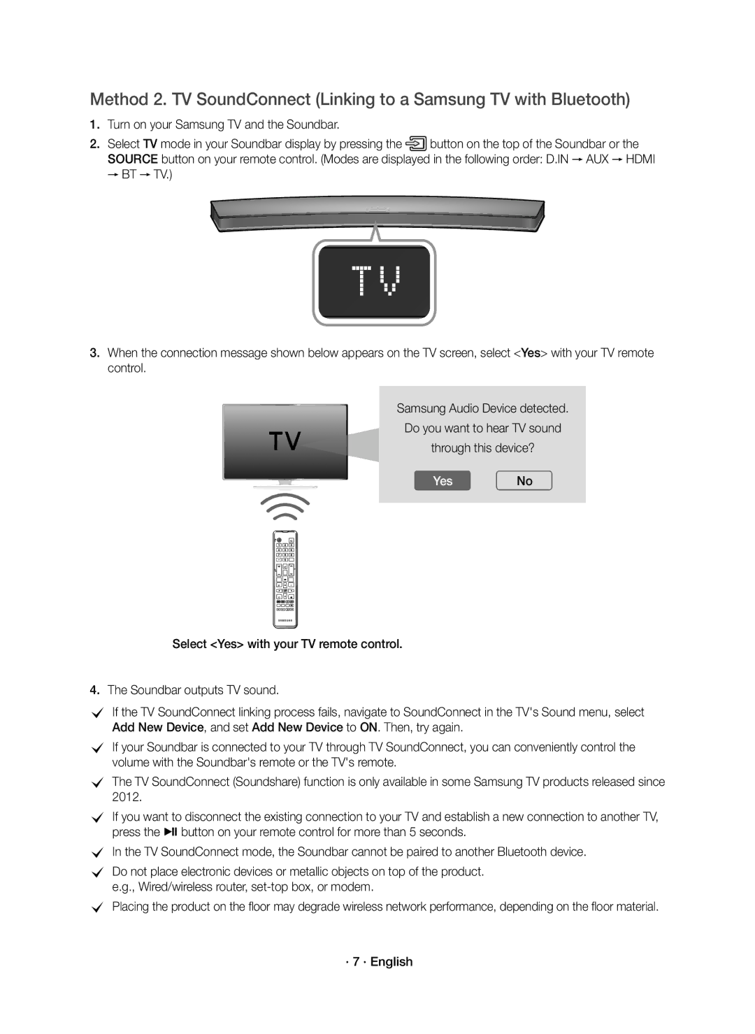 Samsung HW-J6500R/XN, HW-J6501R/EN, HW-J6500R/EN, HW-J6501R/XN manual YesNo, · 7 · English 