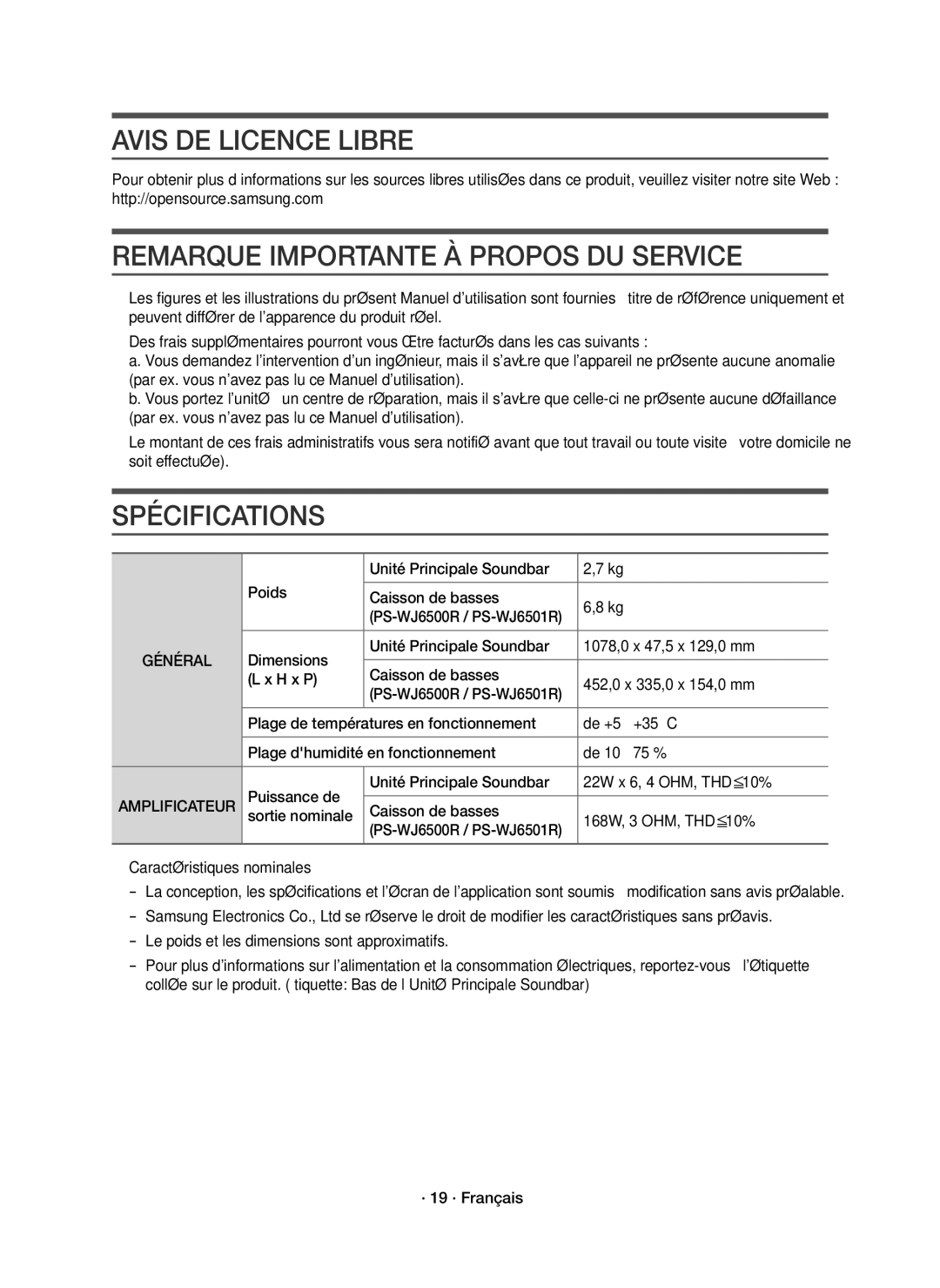 Samsung HW-J6501R/EN manual Avis DE Licence Libre, Remarque Importante À Propos DU Service, Spécifications, Amplificateur 