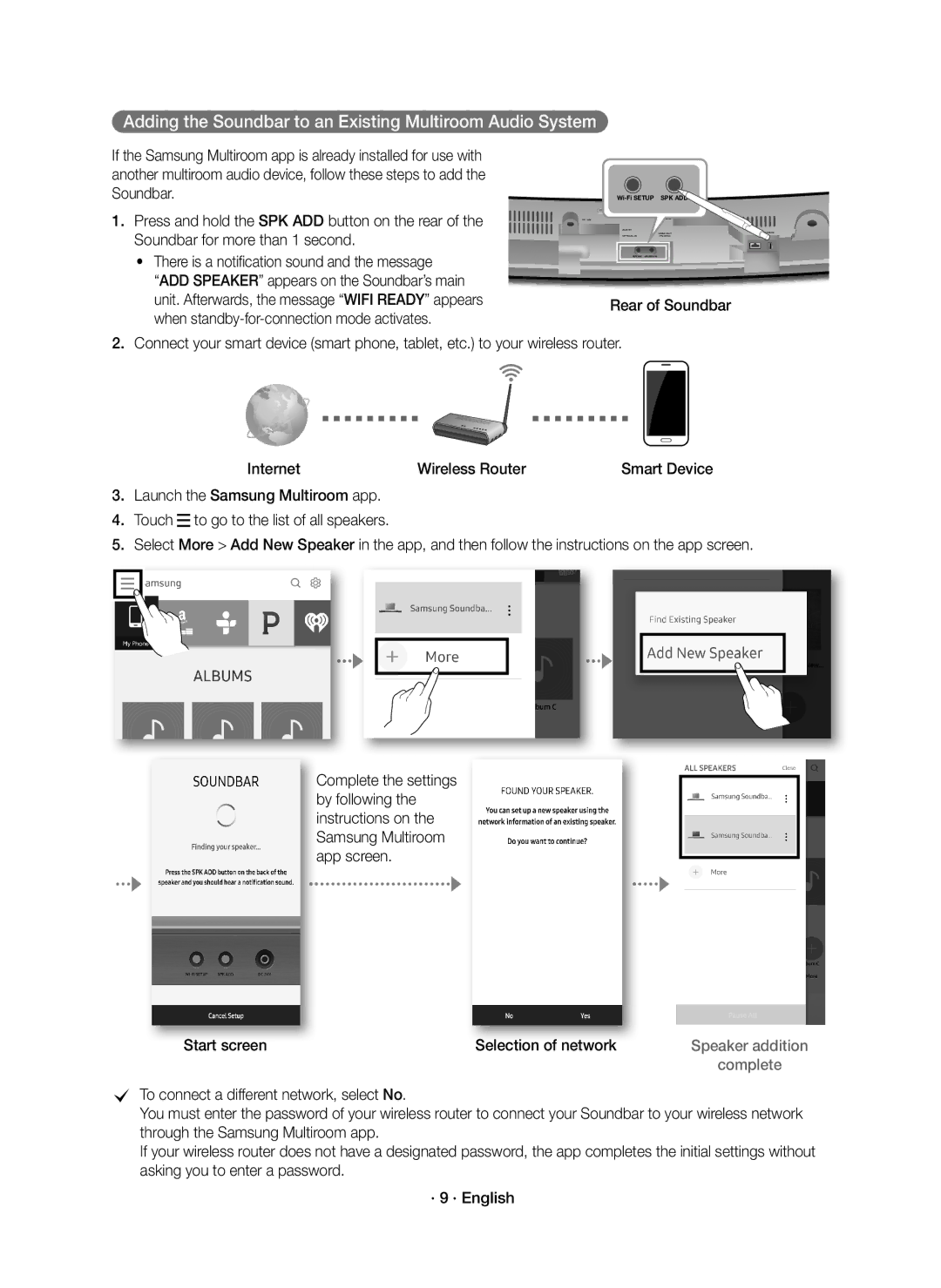 Samsung HW-J6500R/EN manual Adding the Soundbar to an Existing Multiroom Audio System, Start screen Selection of network 