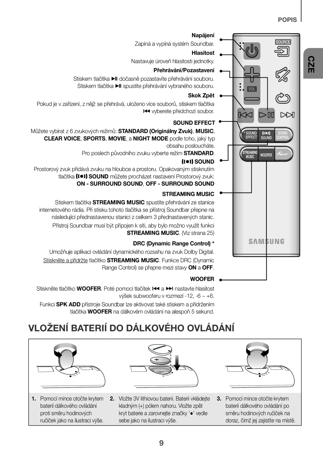 Samsung HW-J6511R/XE, HW-J6501R/EN, HW-J6500R/EN, HW-J6501R/ZF manual Vložení Baterií do Dálkového Ovládání, Sound Effect 