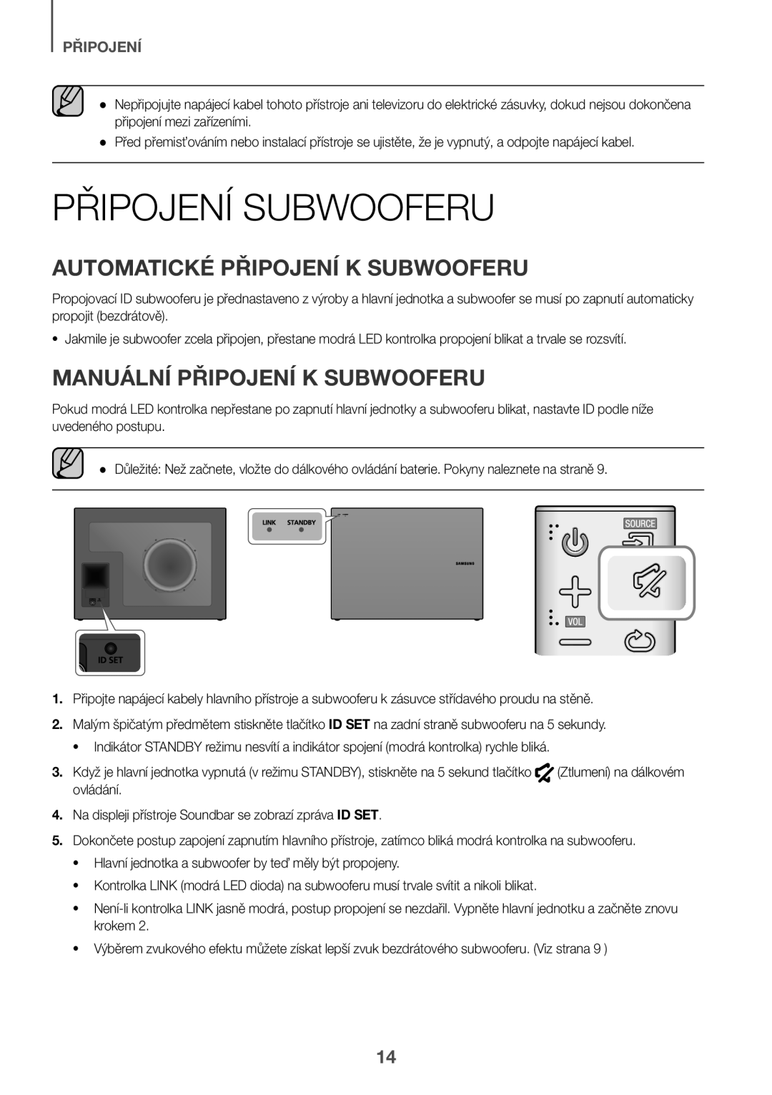 Samsung HW-J6501R/ZF manual Připojení Subwooferu, Automatické Připojení K Subwooferu, Manuální Připojení K Subwooferu 