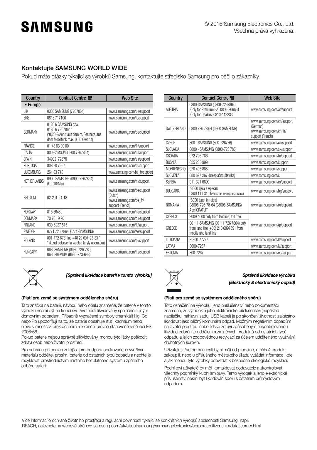 Samsung HW-J6510R/XE, HW-J6501R/EN, HW-J6500R/EN, HW-J6501R/ZF, HW-J6501R/XN manual Platí pro země se systémem odděleného sběru 