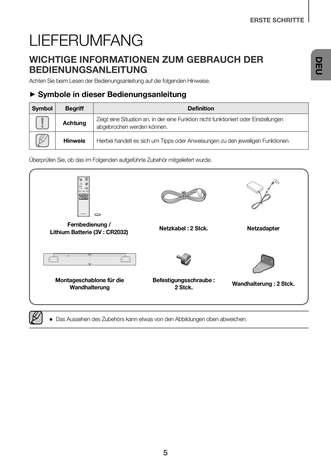 Samsung HW-J6501R/XN, HW-J6501R/EN, HW-J6500R/EN Lieferumfang, Wichtige Informationen ZUM Gebrauch DER Bedienungsanleitung 