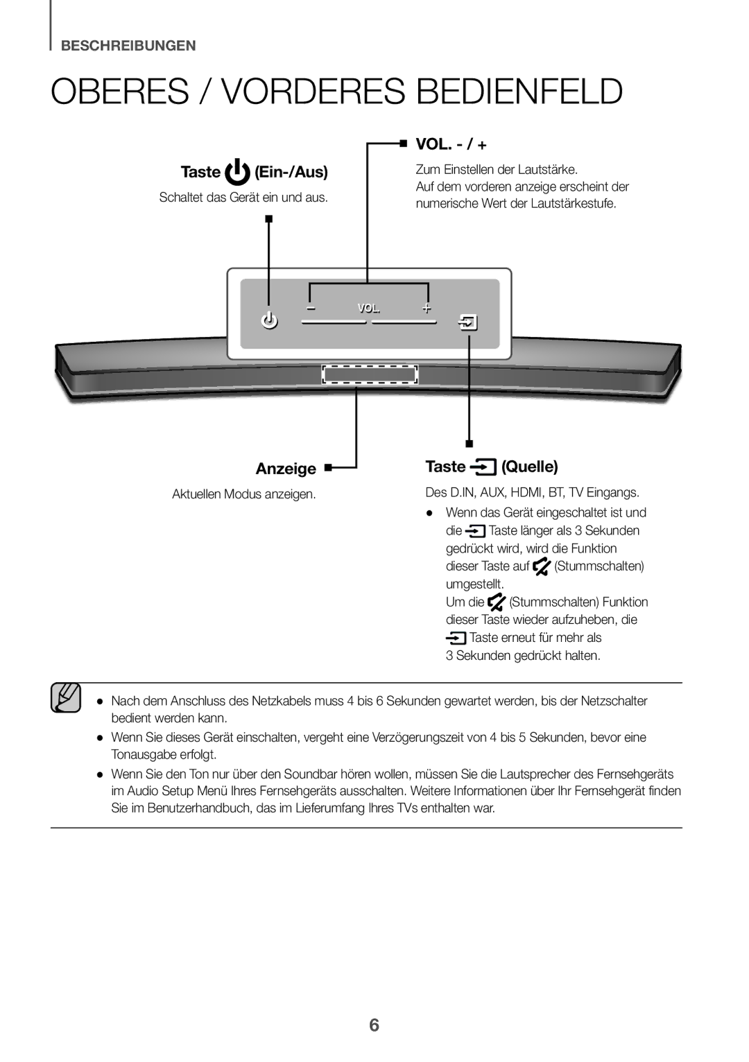 Samsung HW-J6511R/XE, HW-J6501R/EN, HW-J6500R/EN manual Oberes / Vorderes Bedienfeld, Taste Ein-/Aus, Anzeige, Taste Quelle 