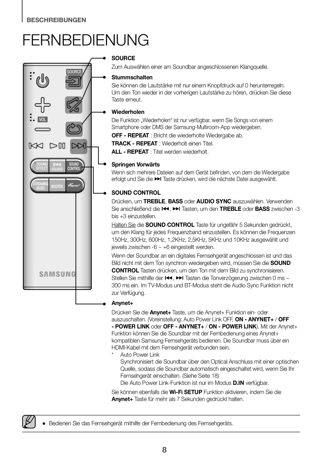 Samsung HW-J6500R/XN manual Fernbedienung, Zum Auswählen einer am Soundbar angeschlossenen Klangquelle, Stummschalten 