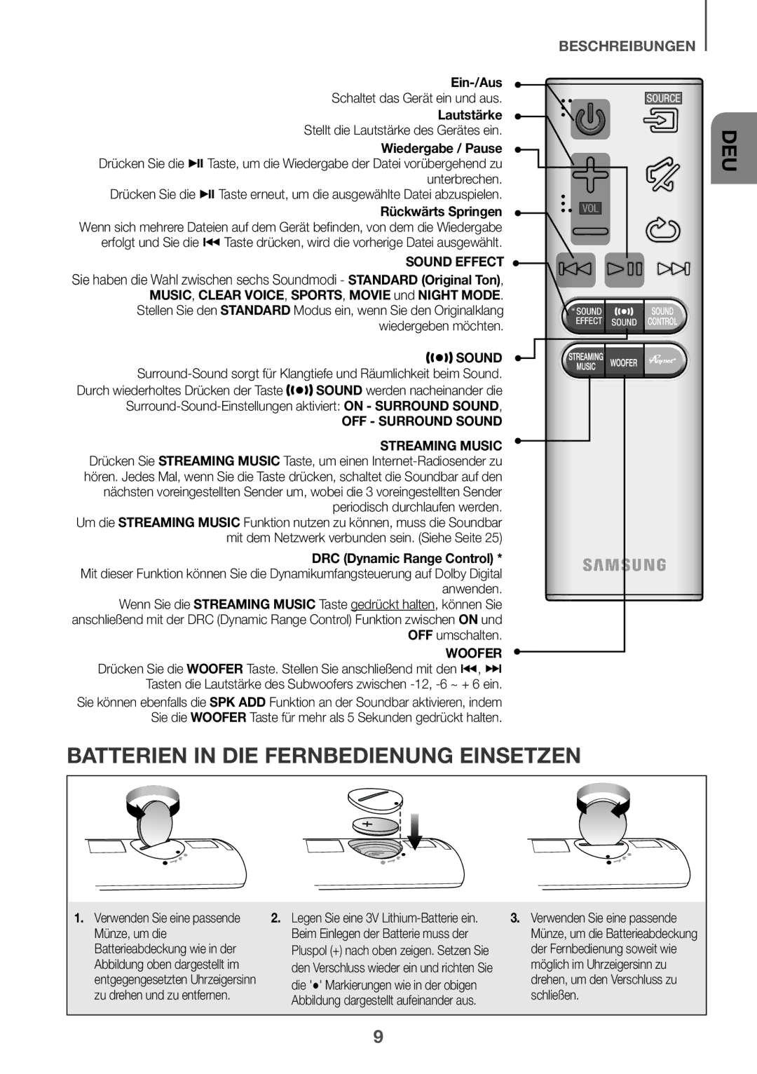 Samsung HW-J6501R/EN Batterien in DIE Fernbedienung Einsetzen, Ein-/Aus, Lautstärke, OFF Surround Sound Streaming Music 