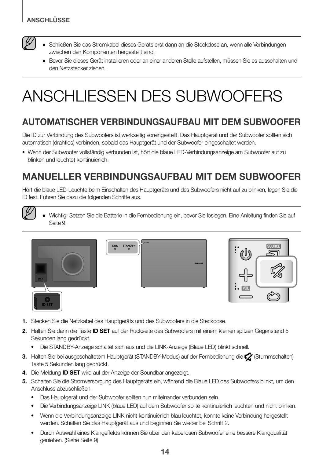 Samsung HW-J6510R/XE, HW-J6501R/EN manual Anschliessen DES Subwoofers, Automatischer Verbindungsaufbau MIT DEM Subwoofer 