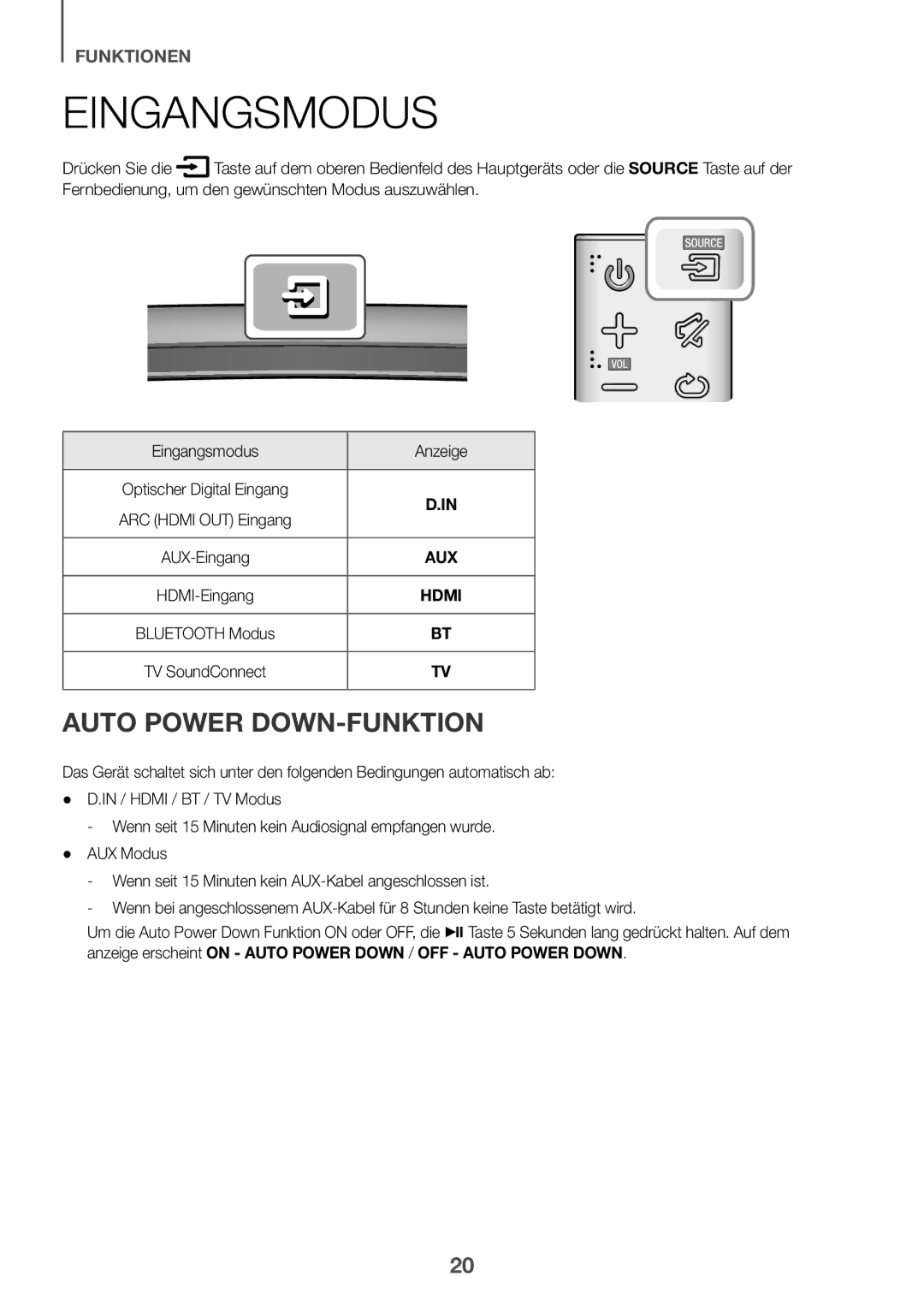 Samsung HW-J6511R/XE, HW-J6501R/EN, HW-J6500R/EN, HW-J6501R/ZF, HW-J6501R/XN manual Eingangsmodus, Auto Power DOWN-FUNKTION 