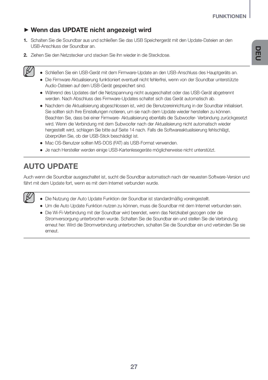 Samsung HW-J6511R/XE manual ++Wenn das Update nicht angezeigt wird, Audio-Dateien auf dem USB-Gerät gespeichert sind 