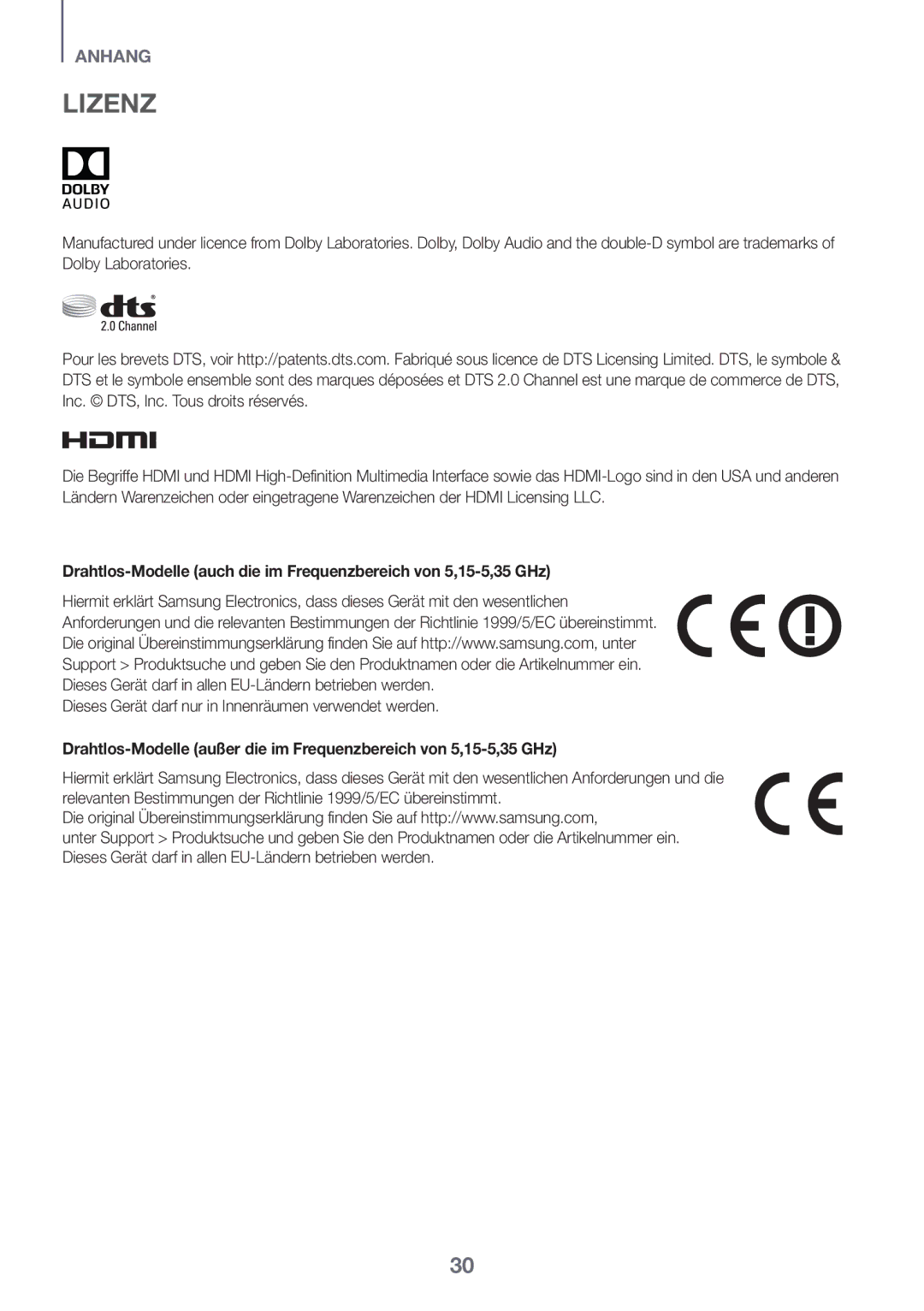 Samsung HW-J6501R/EN, HW-J6500R/EN, HW-J6501R/ZF, HW-J6501R/XN Lizenz, Dieses Gerät darf nur in Innenräumen verwendet werden 