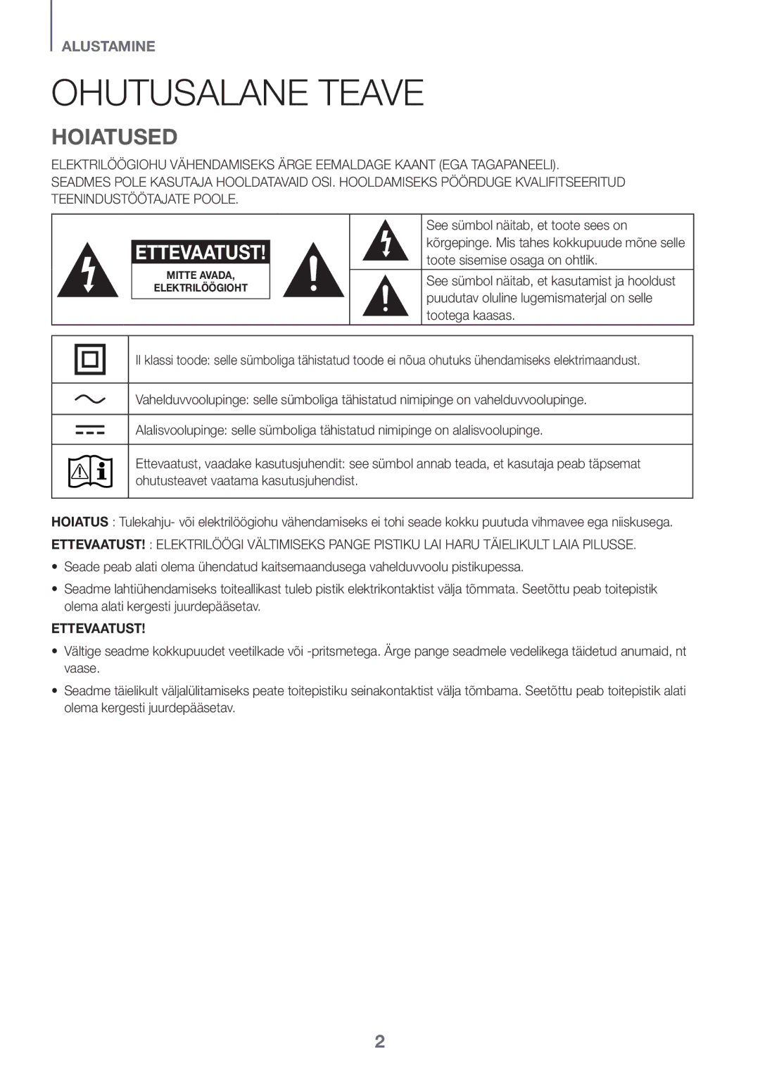 Samsung HW-J6501R/XN, HW-J6501R/EN, HW-J6500R/EN, HW-J6501R/ZF, HW-J6511R/XE manual Ohutusalane Teave, Hoiatused, Ettevaatust 