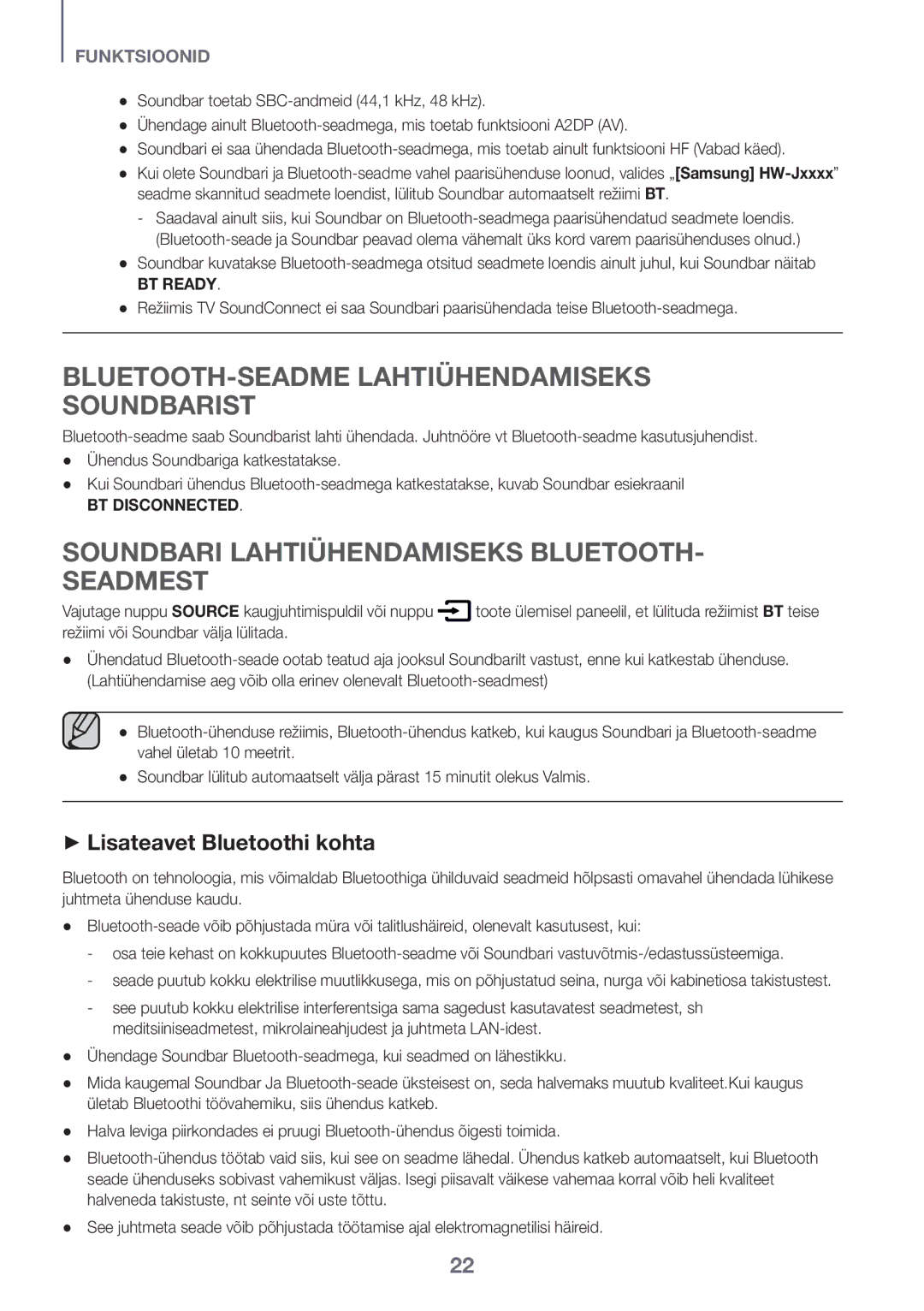 Samsung HW-J6501R/ZF manual BLUETOOTH-SEADME Lahtiühendamiseks Soundbarist, Soundbari Lahtiühendamiseks BLUETOOTH- Seadmest 