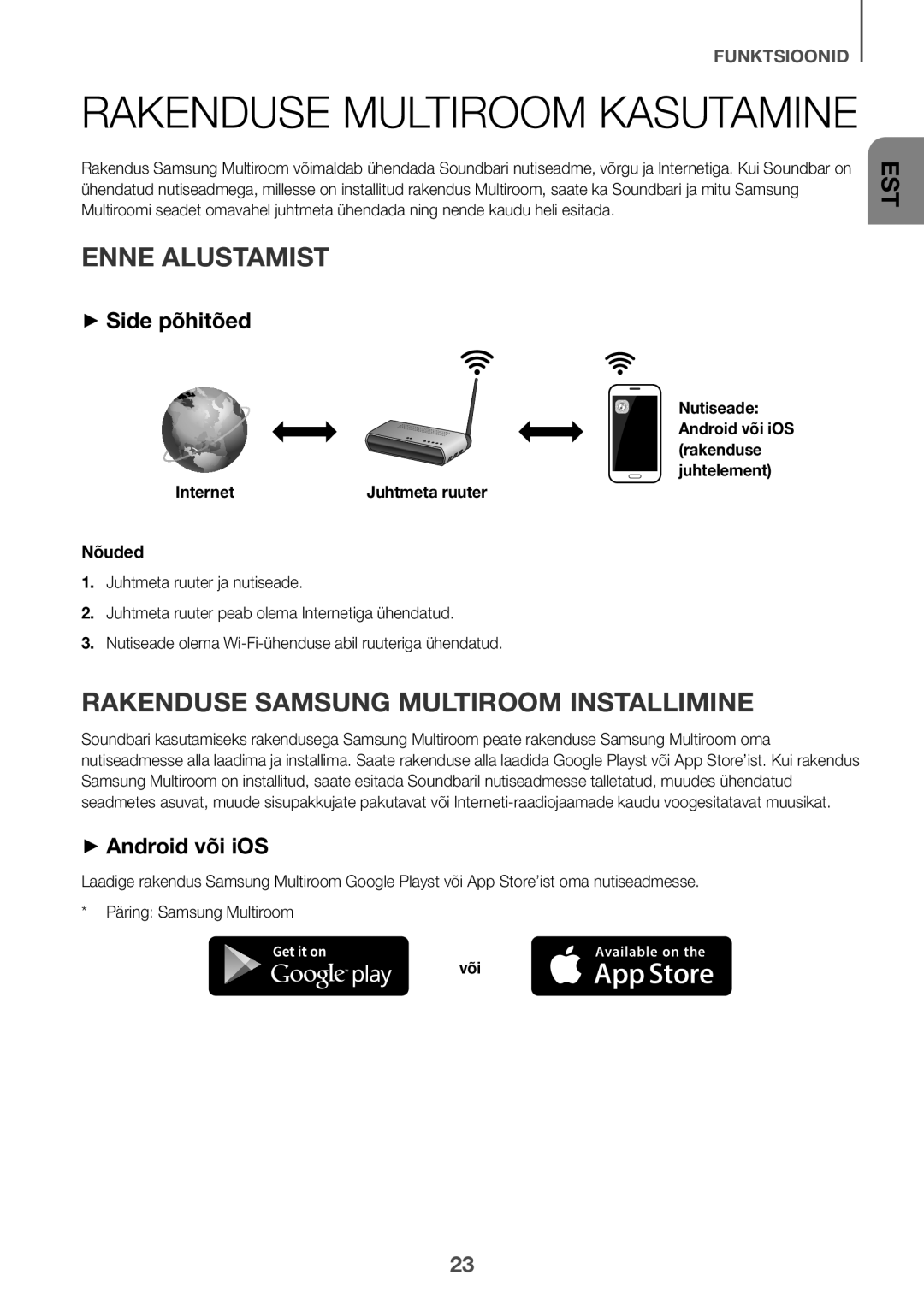 Samsung HW-J6501R/XN Enne Alustamist, Rakenduse Samsung Multiroom Installimine, ++Side põhitõed, ++Android või iOS, Nõuded 