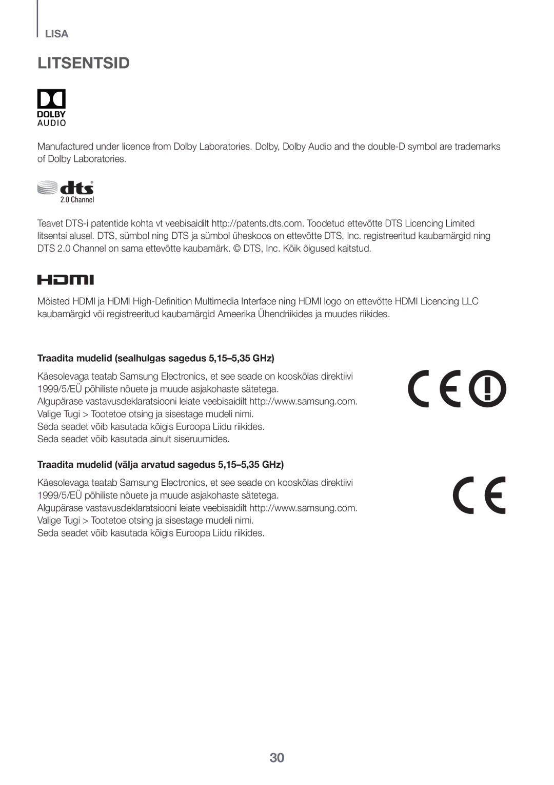 Samsung HW-J6501R/XN, HW-J6501R/EN, HW-J6500R/EN, HW-J6501R/ZF Litsentsid, Traadita mudelid sealhulgas sagedus 5,15-5,35 GHz 