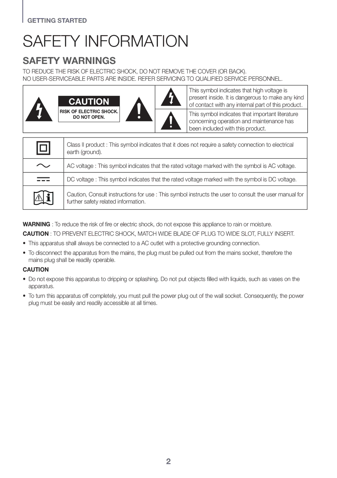 Samsung HW-J6501R/ZF, HW-J6501R/EN, HW-J6500R/EN, HW-J6501R/XN, HW-J6511R/XE, HW-J6510R/XE Safety Information, Safety Warnings 