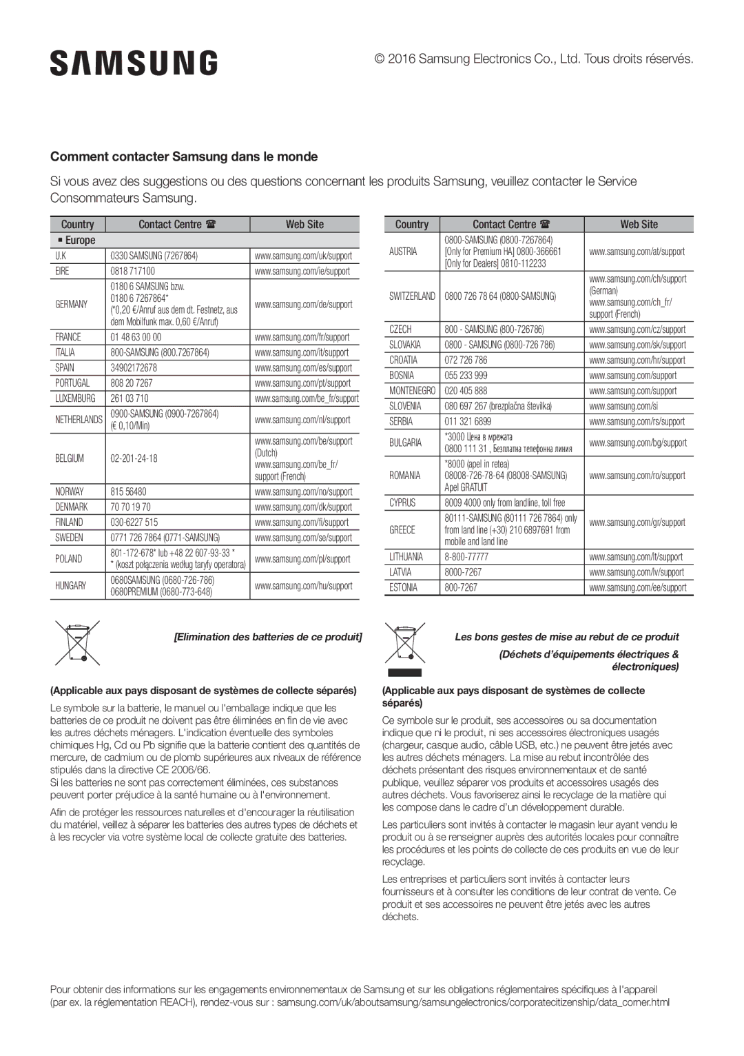 Samsung HW-J6501R/EN, HW-J6500R/EN manual Comment contacter Samsung dans le monde, Elimination des batteries de ce produit 