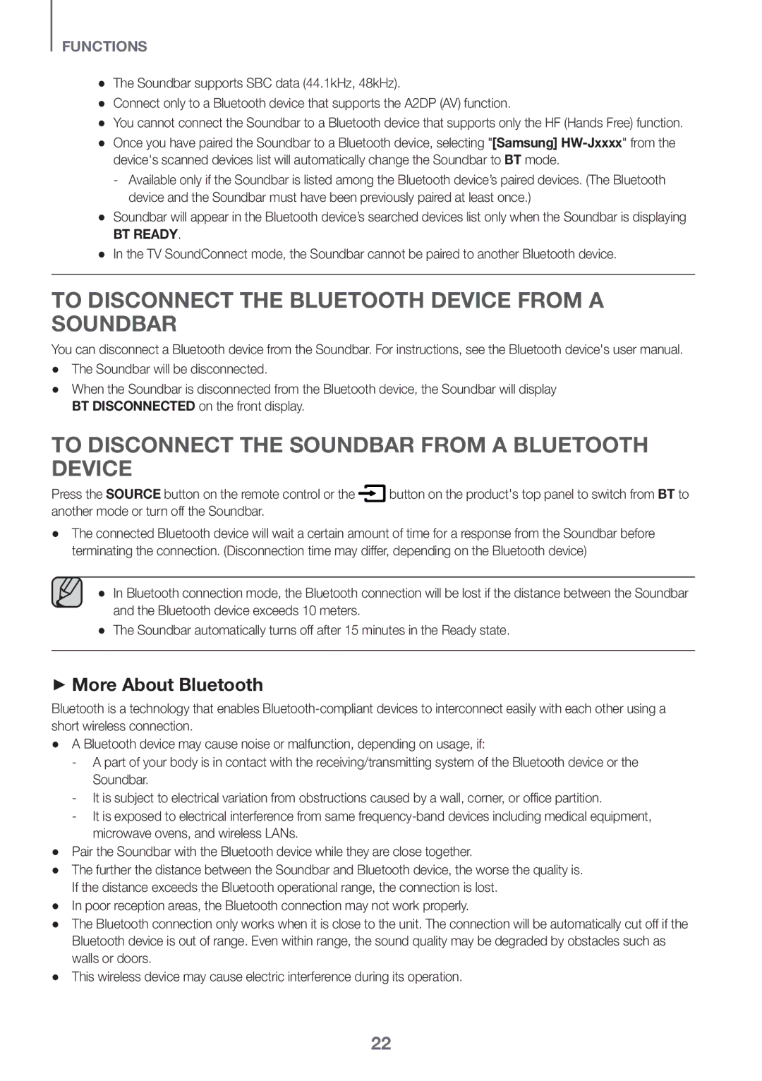 Samsung HW-J6500R/EN, HW-J6501R/EN To Disconnect the Bluetooth Device from a Soundbar, ++More About Bluetooth, BT Ready 