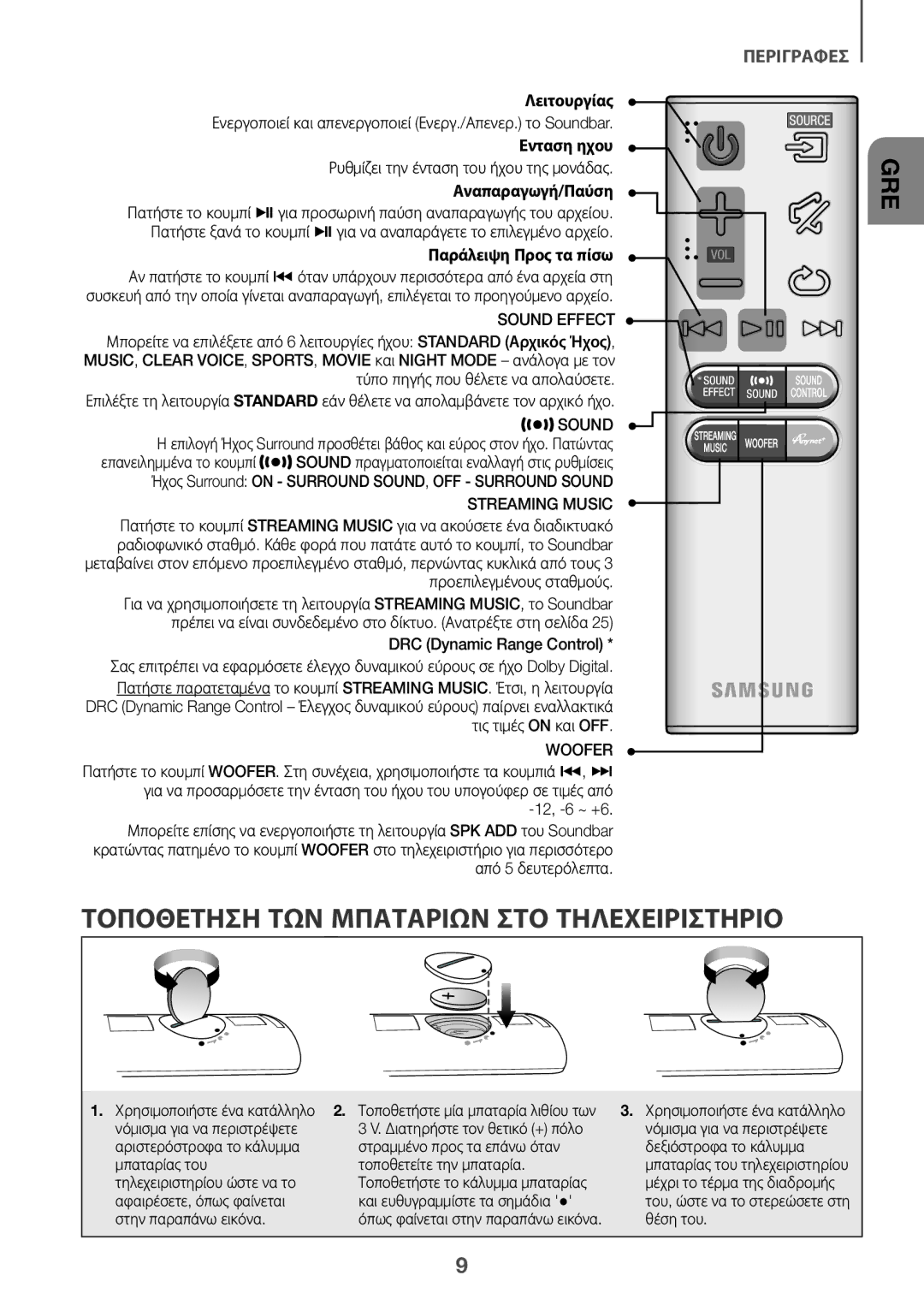 Samsung HW-J6501R/ZF, HW-J6501R/EN, HW-J6500R/EN, HW-J6501R/XN, HW-J6511R/XE Τοποθέτηση ΤΩΝ Μπαταριών ΣΤΟ Τηλεχειριστήριο 