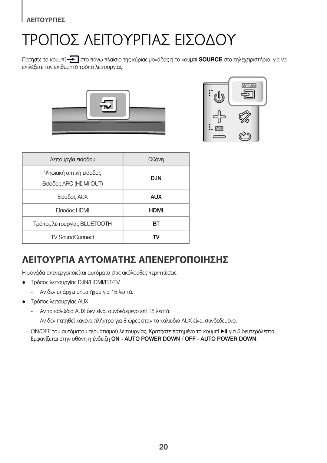 Samsung HW-J6500R/XN, HW-J6501R/EN, HW-J6500R/EN manual Τρόποσ Λειτουργίασ Εισόδου, Λειτουργία Αυτόματησ Απενεργοποίησησ 