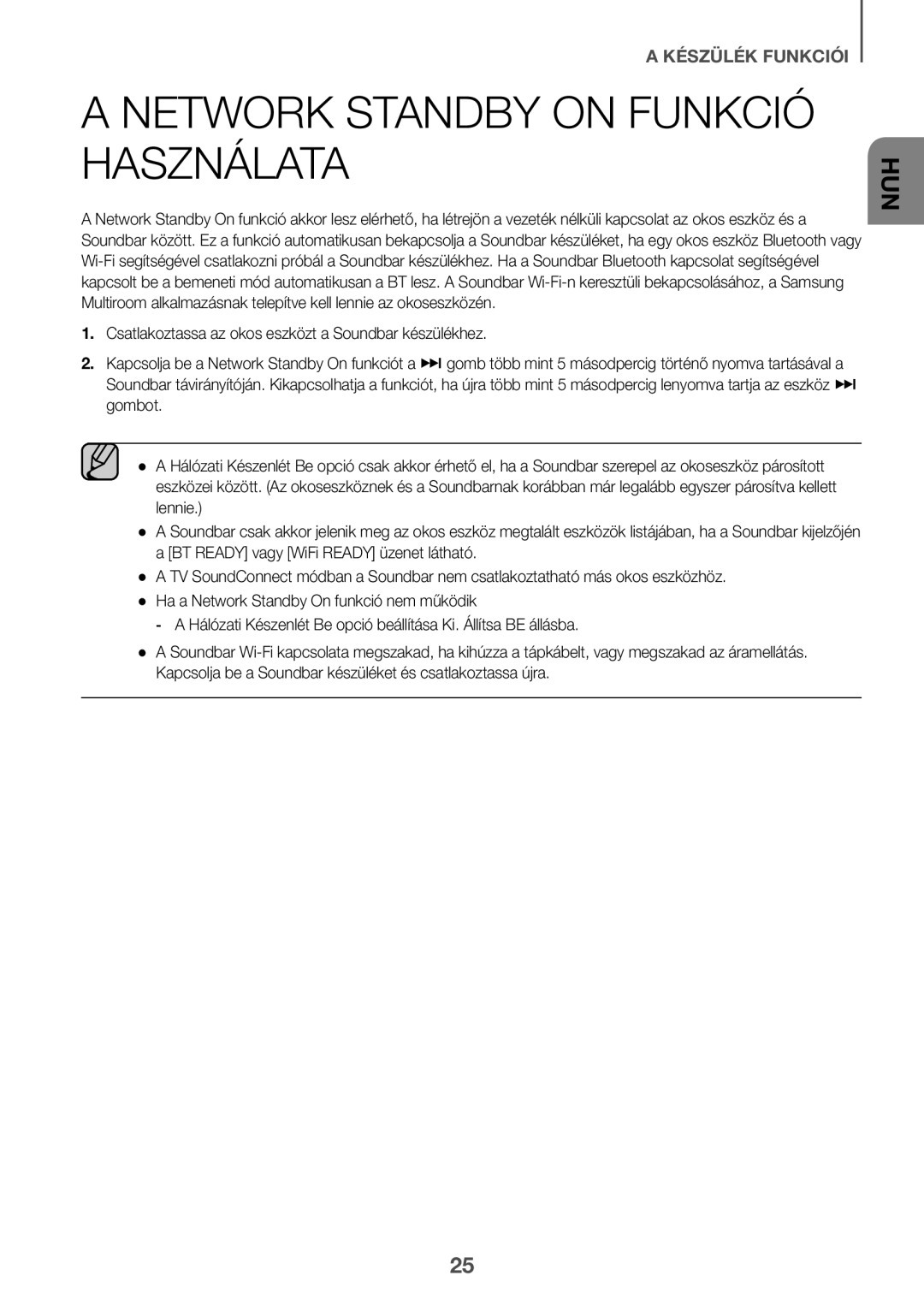 Samsung HW-J6501R/EN, HW-J6500R/EN, HW-J6501R/ZF, HW-J6501R/XN, HW-J6511R/XE manual Network Standby on Funkció Használata 