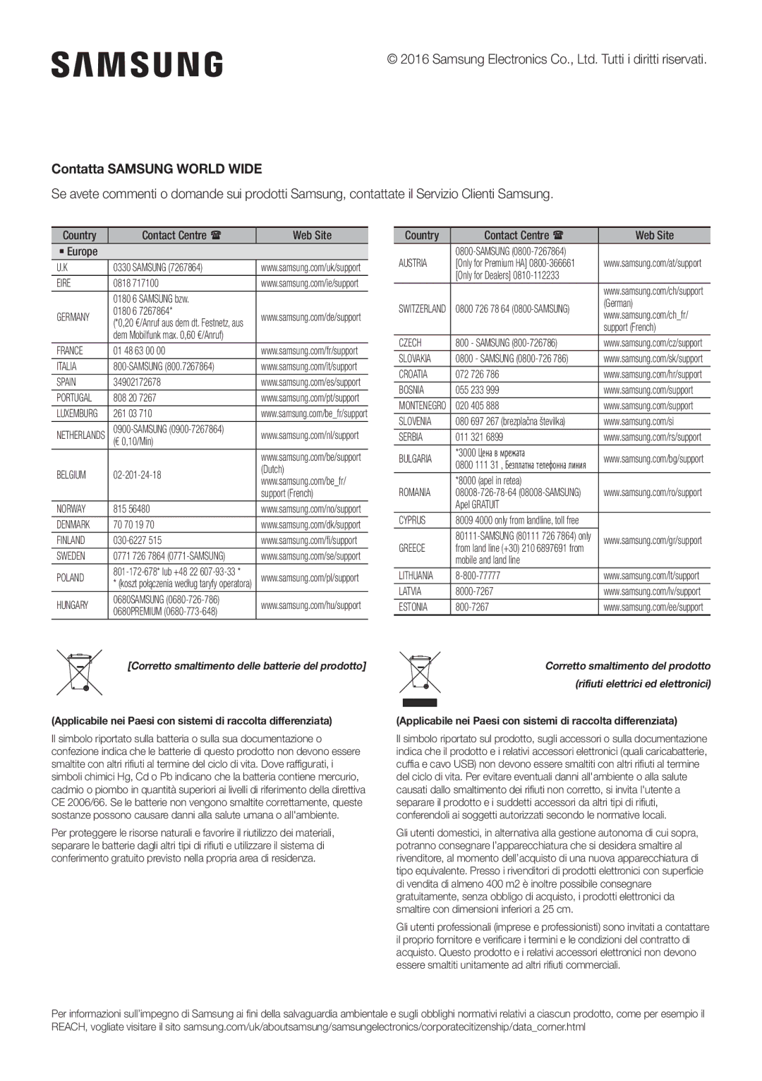 Samsung HW-J6501R/ZF manual Contatta Samsung World Wide, Applicabile nei Paesi con sistemi di raccolta differenziata 