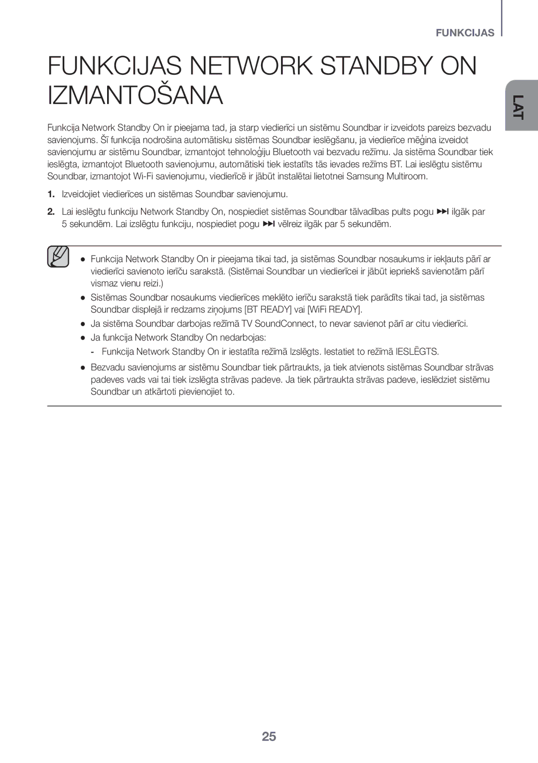 Samsung HW-J6500R/XN, HW-J6501R/EN, HW-J6500R/EN, HW-J6501R/ZF, HW-J6501R/XN manual Funkcijas Network Standby on Izmantošana 