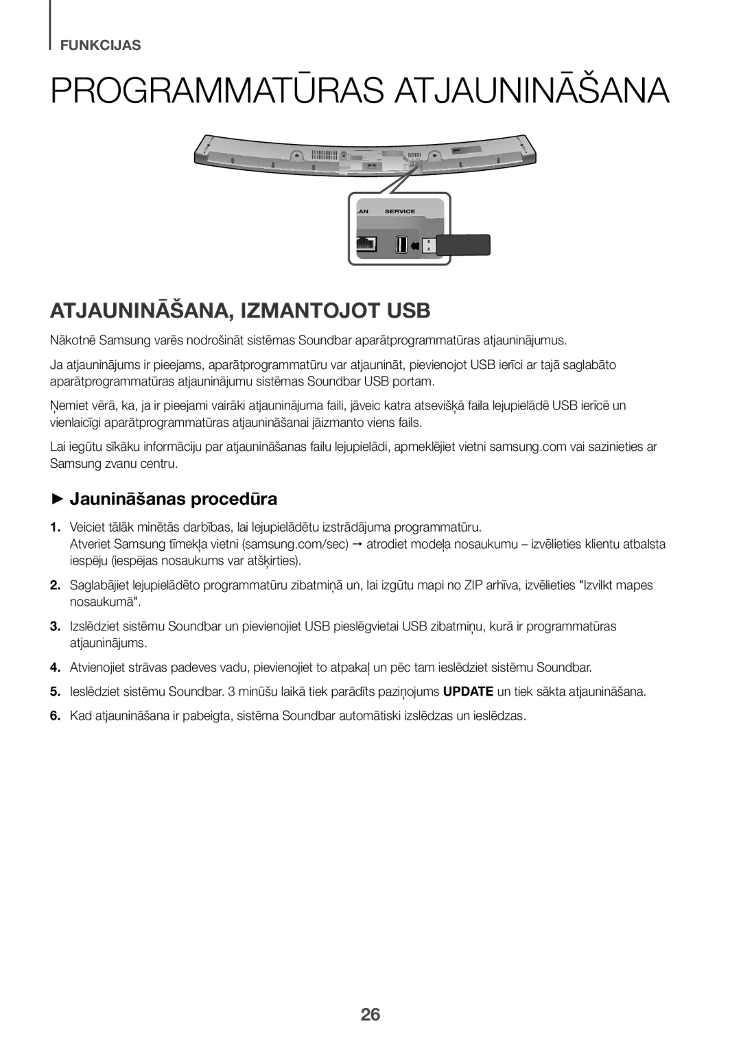 Samsung HW-J6501R/EN, HW-J6500R/EN Programmatūras Atjaunināšana, ATJAUNINĀŠANA, Izmantojot USB, ++Jaunināšanas procedūra 