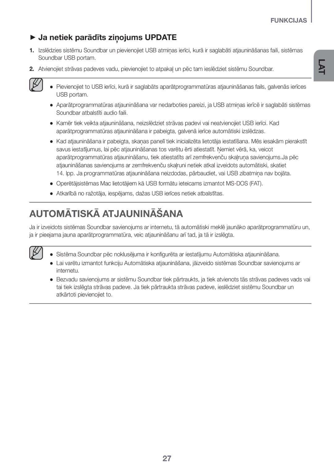 Samsung HW-J6500R/EN, HW-J6501R/EN, HW-J6501R/ZF manual Automātiskā Atjaunināšana, ++Ja netiek parādīts ziņojums Update 