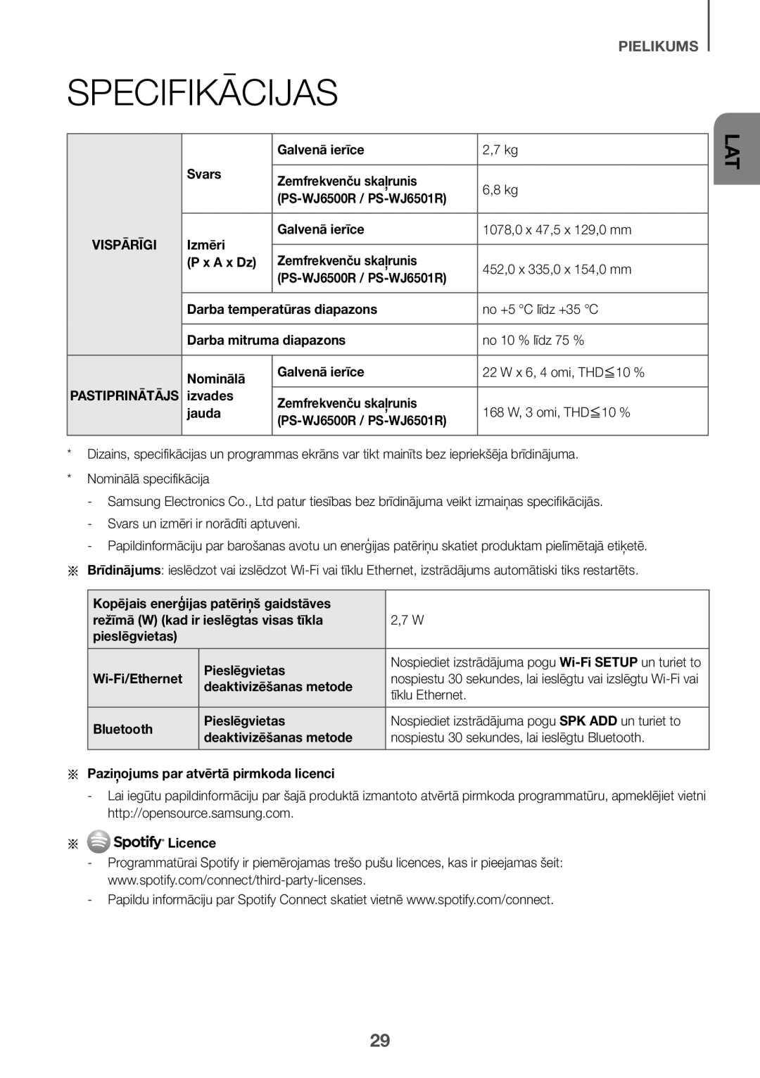 Samsung HW-J6501R/XN, HW-J6501R/EN manual Specifikācijas, Deaktivizēšanas metode, Tīklu Ethernet, Bluetooth Pieslēgvietas 