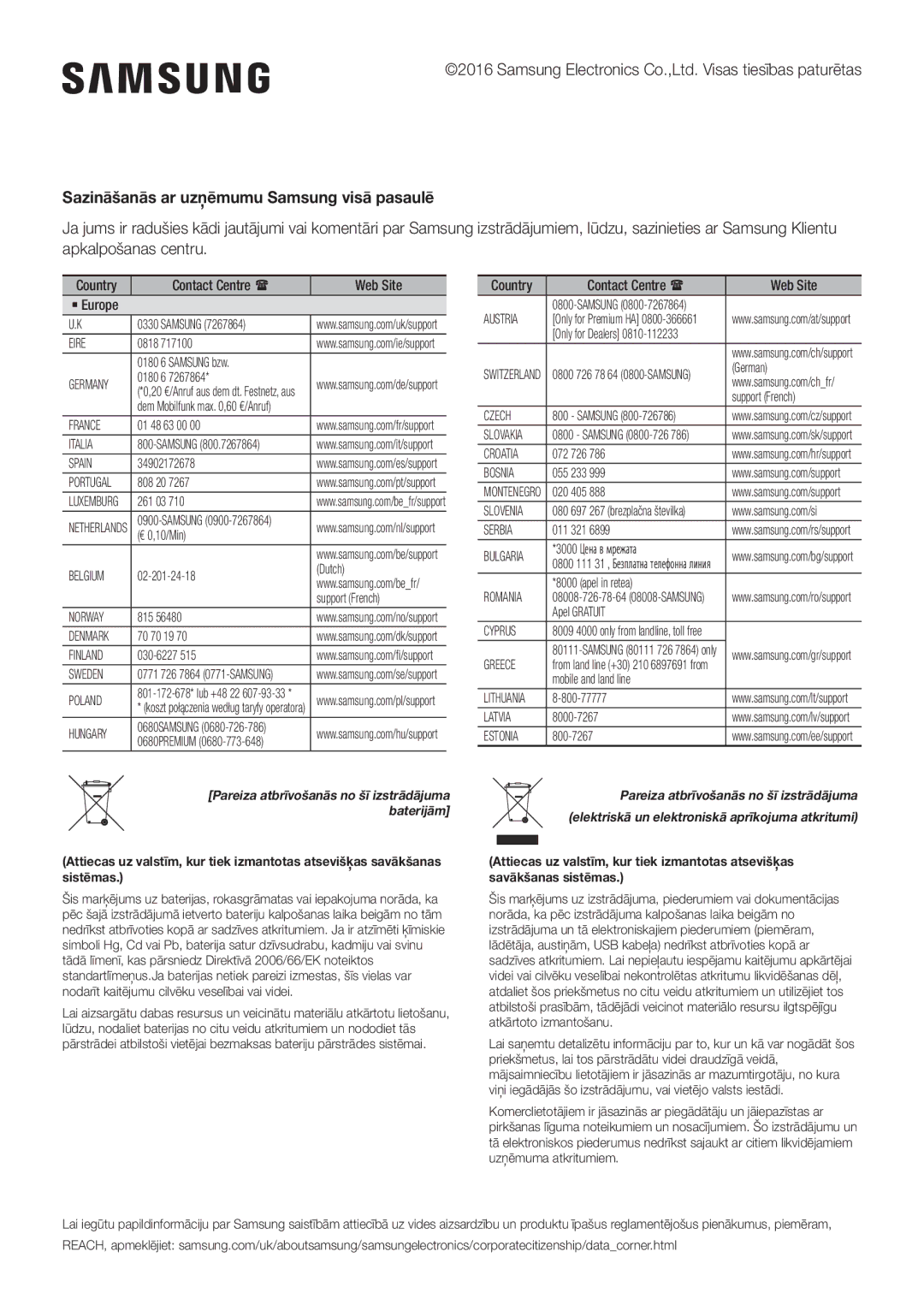 Samsung HW-J6510R/XE, HW-J6501R/EN, HW-J6500R/EN, HW-J6501R/ZF manual Sazināšanās ar uzņēmumu Samsung visā pasaulē, Baterijām 