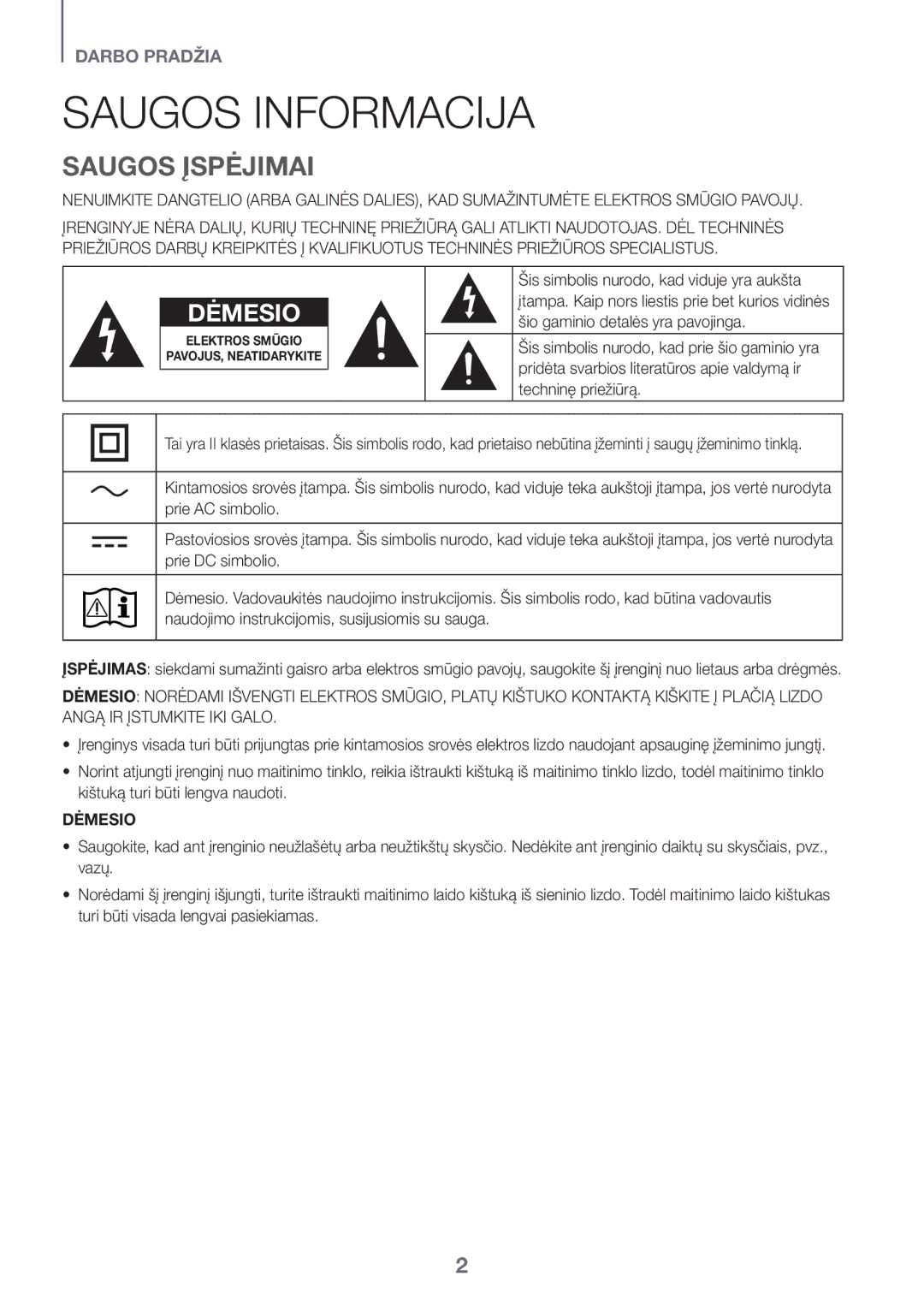 Samsung HW-J6501R/EN, HW-J6500R/EN, HW-J6501R/ZF, HW-J6501R/XN, HW-J6511R/XE Saugos Informacija, Saugos Įspėjimai, Dėmesio 