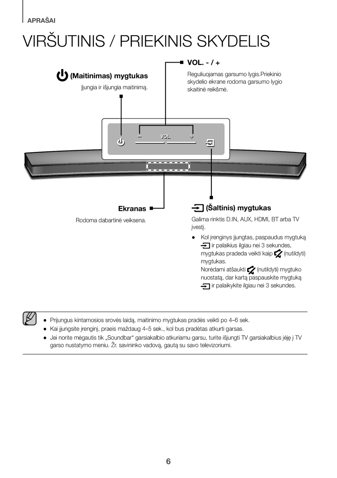 Samsung HW-J6511R/XE, HW-J6501R/EN manual Viršutinis / Priekinis Skydelis, Maitinimas mygtukas, Ekranas, Šaltinis mygtukas 