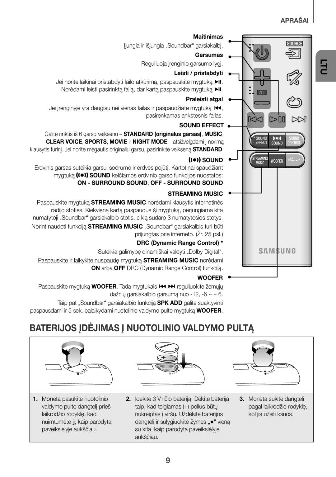 Samsung HW-J6501R/EN Leisti / pristabdyti, Praleisti atgal, Mygtuką Sound keičiamos erdvinio garso funkcijos nuostatos 