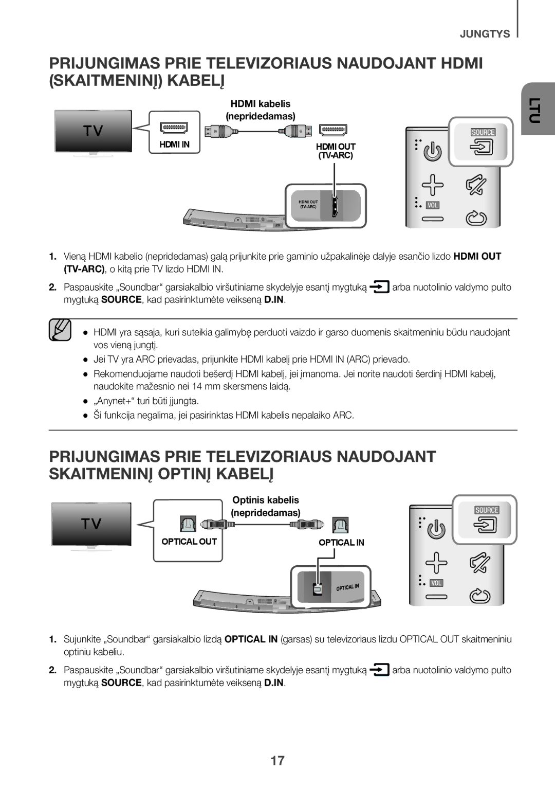 Samsung HW-J6500R/EN, HW-J6501R/EN, HW-J6501R/ZF, HW-J6501R/XN, HW-J6511R/XE Mygtuką SOURCE, kad pasirinktumėte veikseną D.IN 