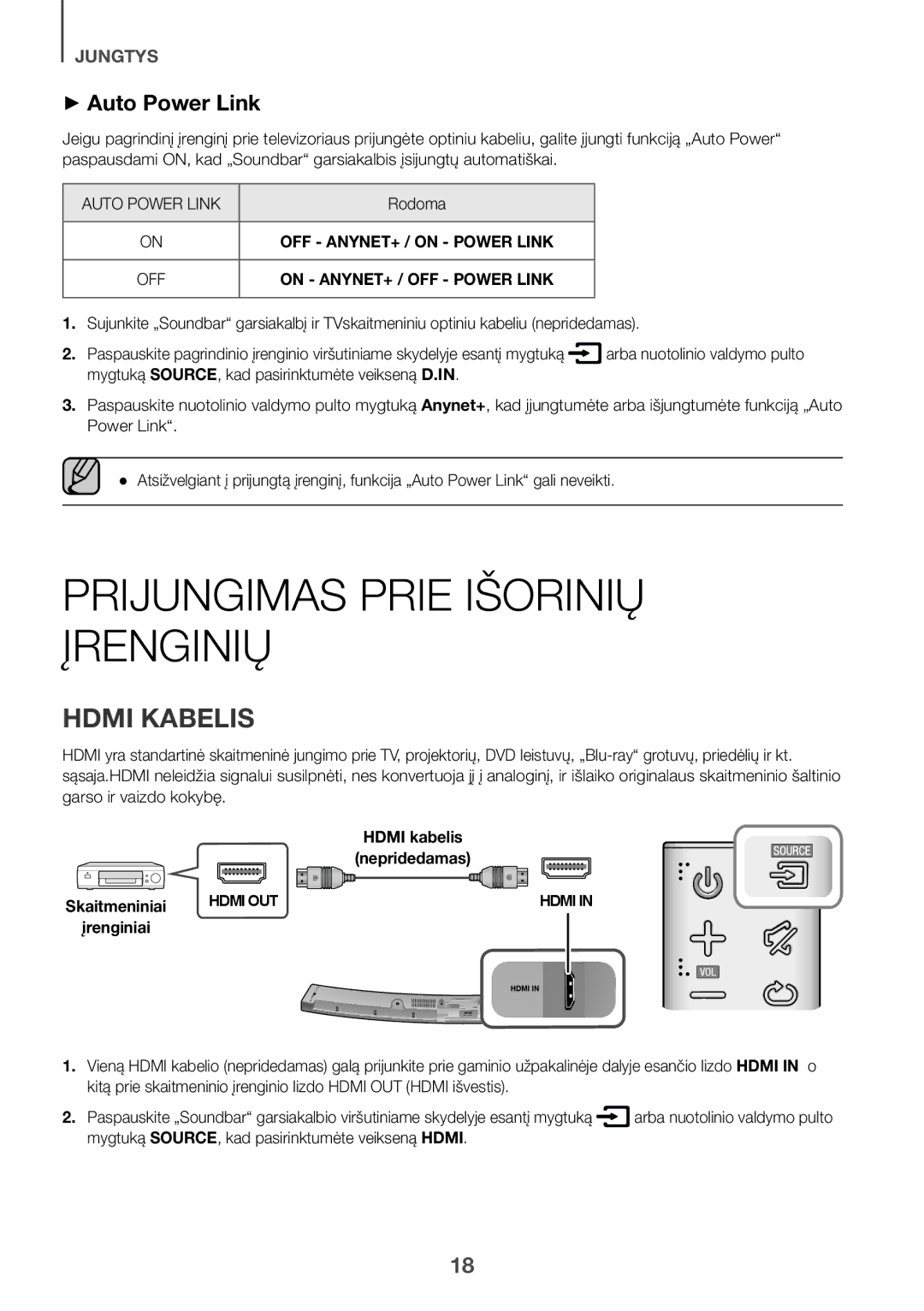 Samsung HW-J6501R/ZF manual Prijungimas Prie Išorinių Įrenginių, Rodoma, Mygtuką SOURCE, kad pasirinktumėte veikseną Hdmi 