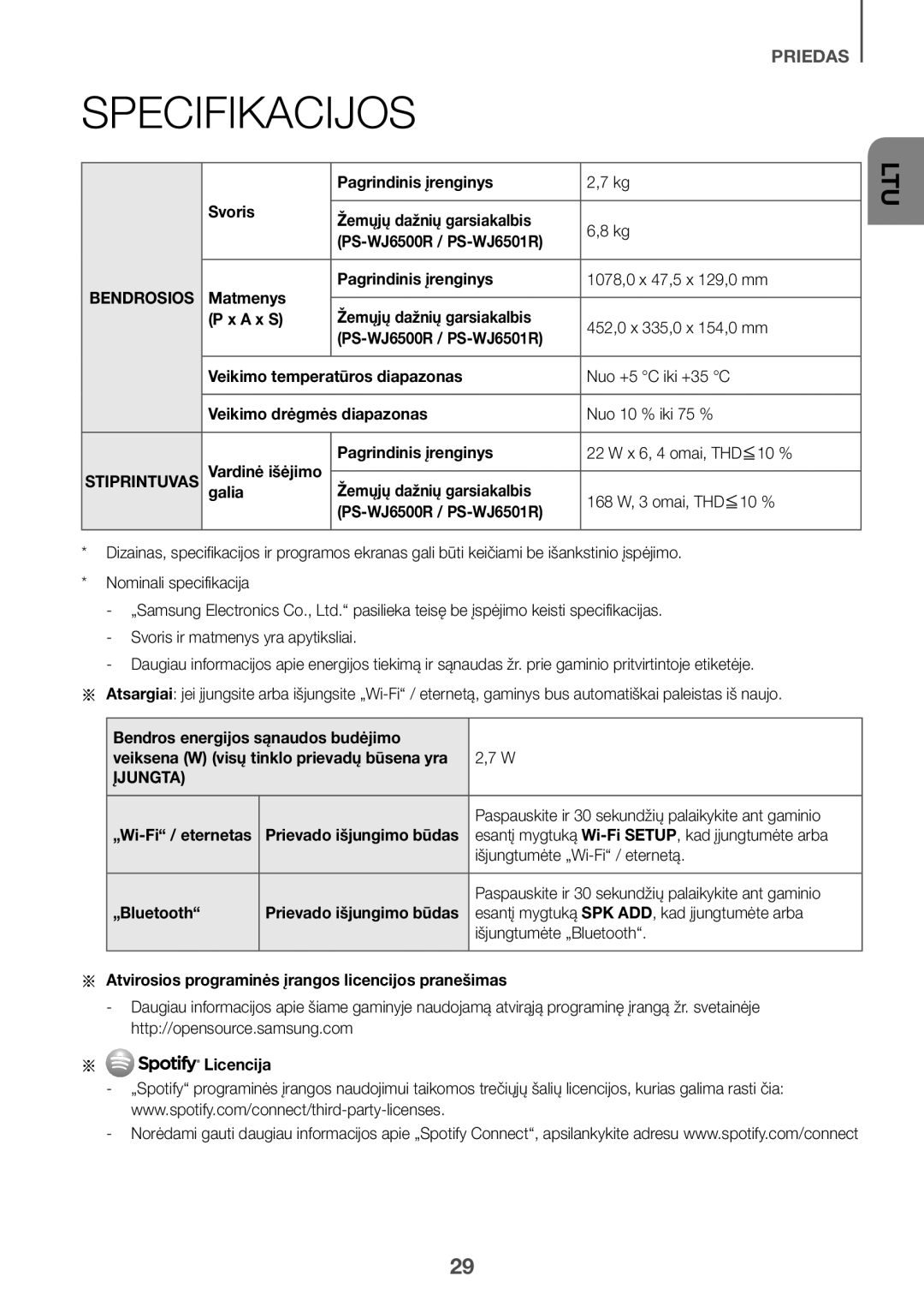 Samsung HW-J6500R/XN, HW-J6501R/EN, HW-J6500R/EN, HW-J6501R/ZF, HW-J6501R/XN, HW-J6511R/XE manual Specifikacijos, Įjungta 