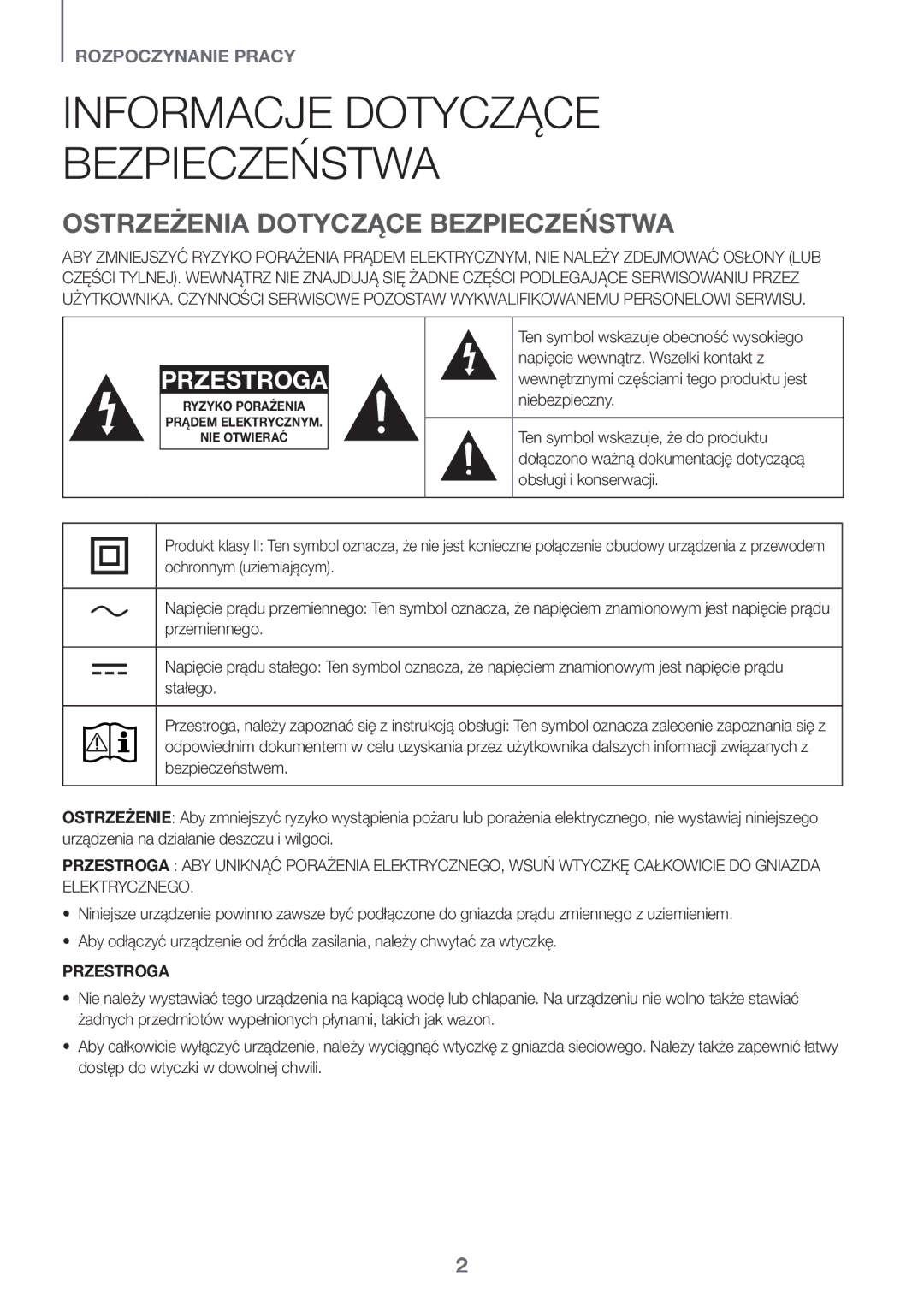 Samsung HW-J6501R/XN, HW-J6501R/EN Informacje Dotyczące Bezpieczeństwa, Ostrzeżenia Dotyczące Bezpieczeństwa, Przestroga 