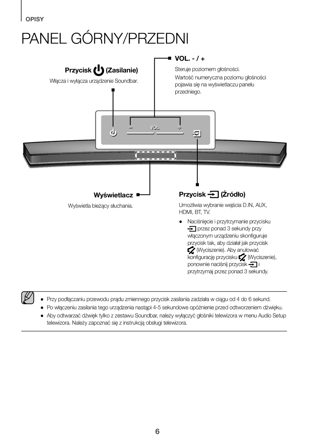 Samsung HW-J6501R/EN Panel GÓRNY/PRZEDNI, Przycisk Zasilanie, Wyświetlacz, Przycisk Źródło, Wyświetla bieżący słuchania 