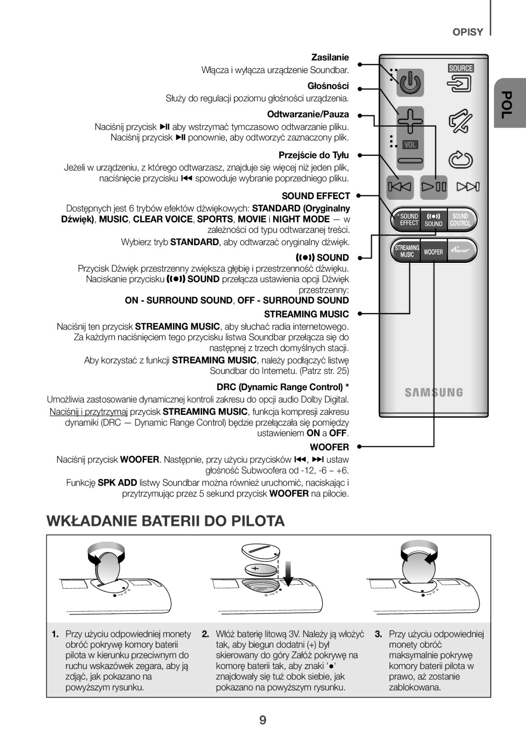 Samsung HW-J6501R/XN, HW-J6501R/EN, HW-J6500R/EN manual Wkładanie Baterii do Pilota, Zasilanie, Głośności, Odtwarzanie/Pauza 