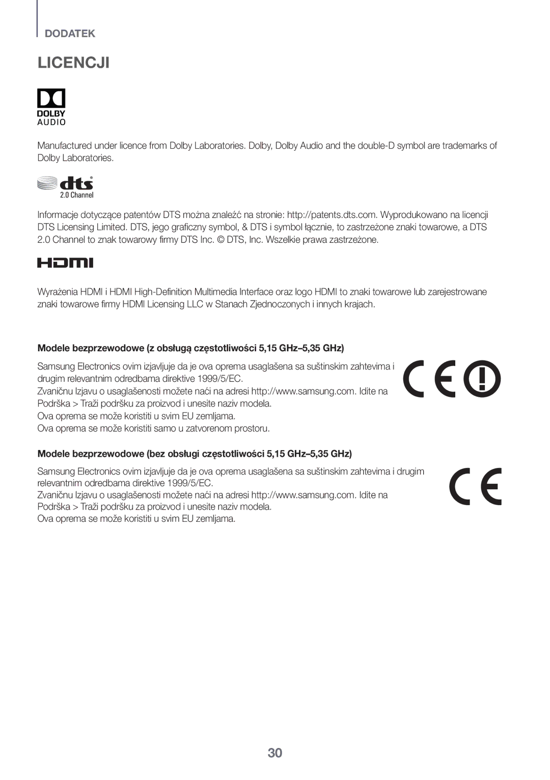 Samsung HW-J6501R/XN, HW-J6501R/EN, HW-J6500R/EN, HW-J6501R/ZF, HW-J6511R/XE, HW-J6510R/XE, HW-J6500R/XN manual Licencji 