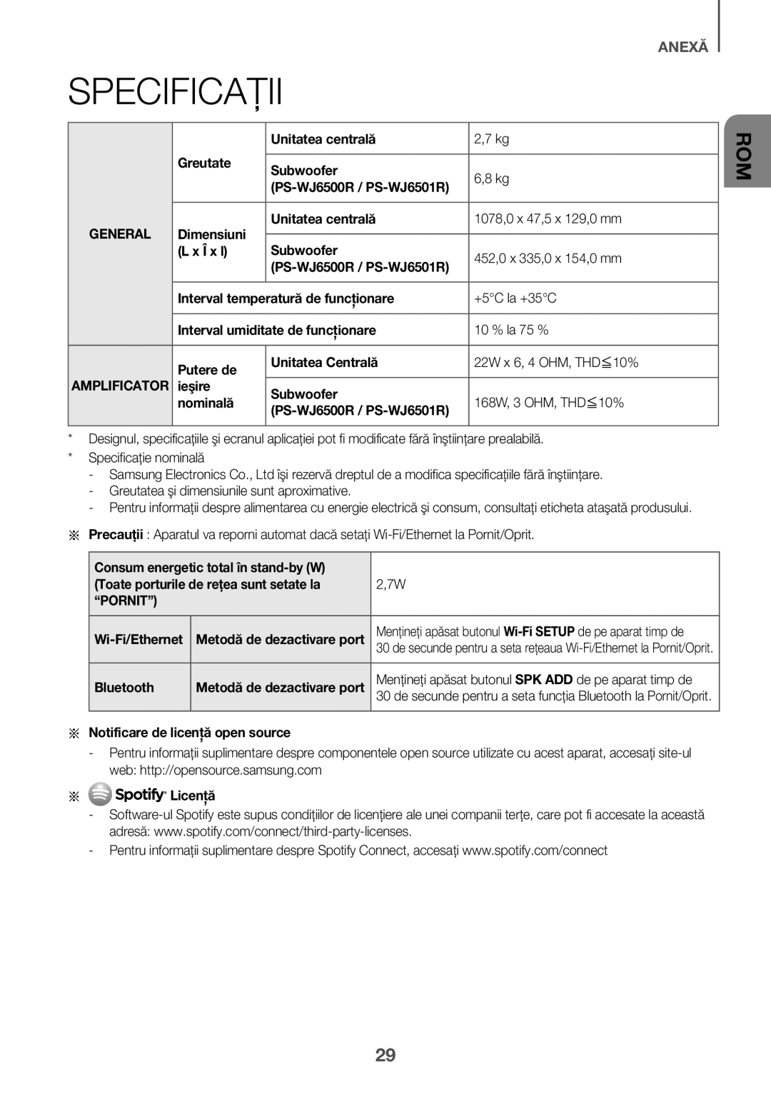 Samsung HW-J6510R/XE Specificaţii, Pornit, Aa Notificare de licenţă open source, Web http//opensource.samsung.com, Licenţă 